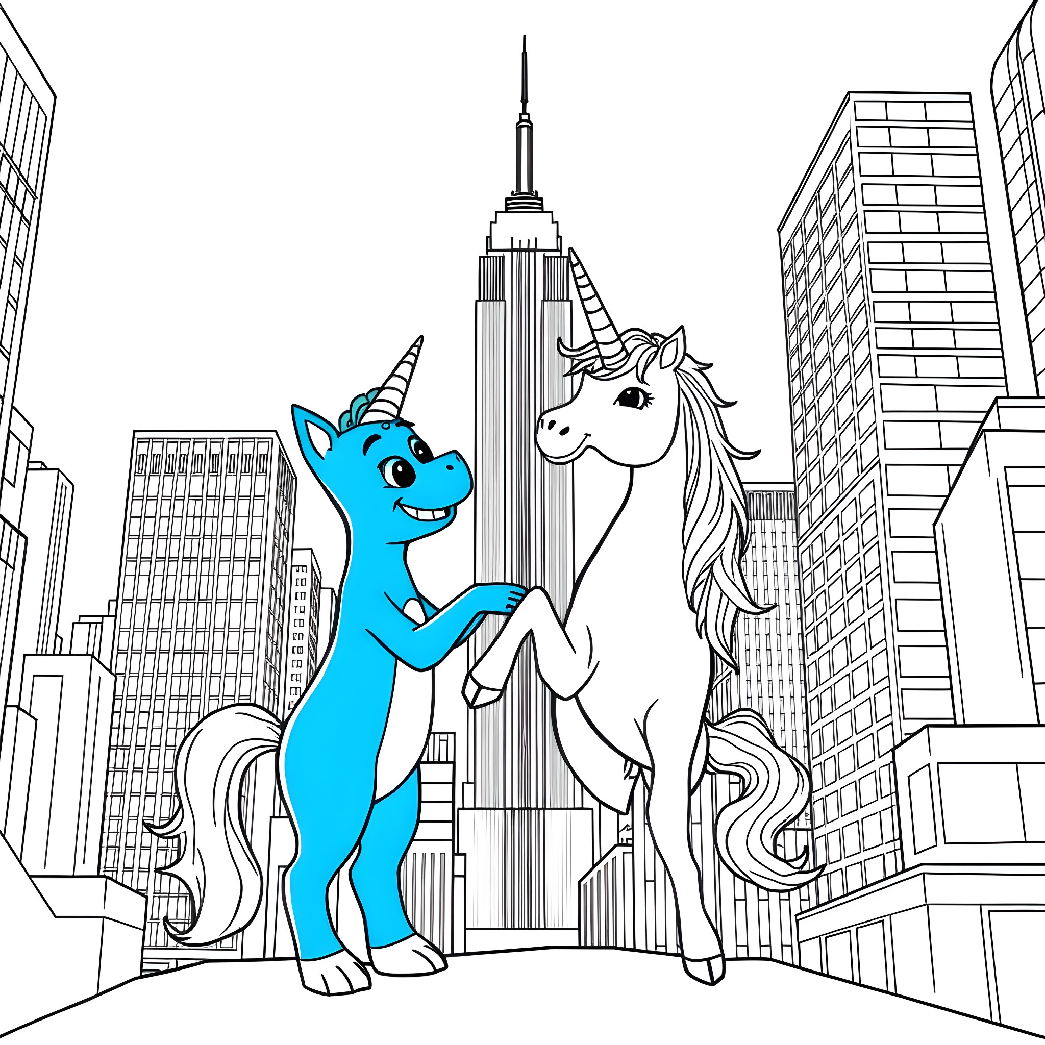 Bluey and Unicorn Explore Cityscape Coloring Page (free black-and-white line drawing printable PDF for all, from beginners to advanced learners, including children, teens, adults, and seniors)