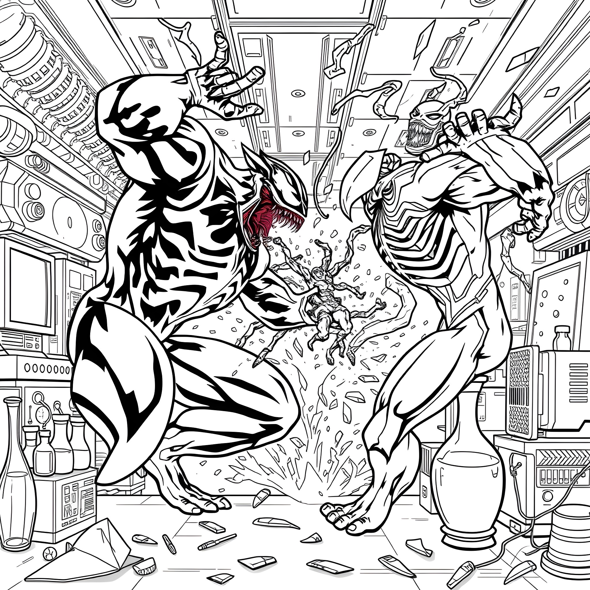 Venom: Symbiote Clash in Alien Laboratory Coloring Page (free black-and-white line drawing printable PDF for all, from beginners to advanced learners, including children, teens, adults, and seniors)