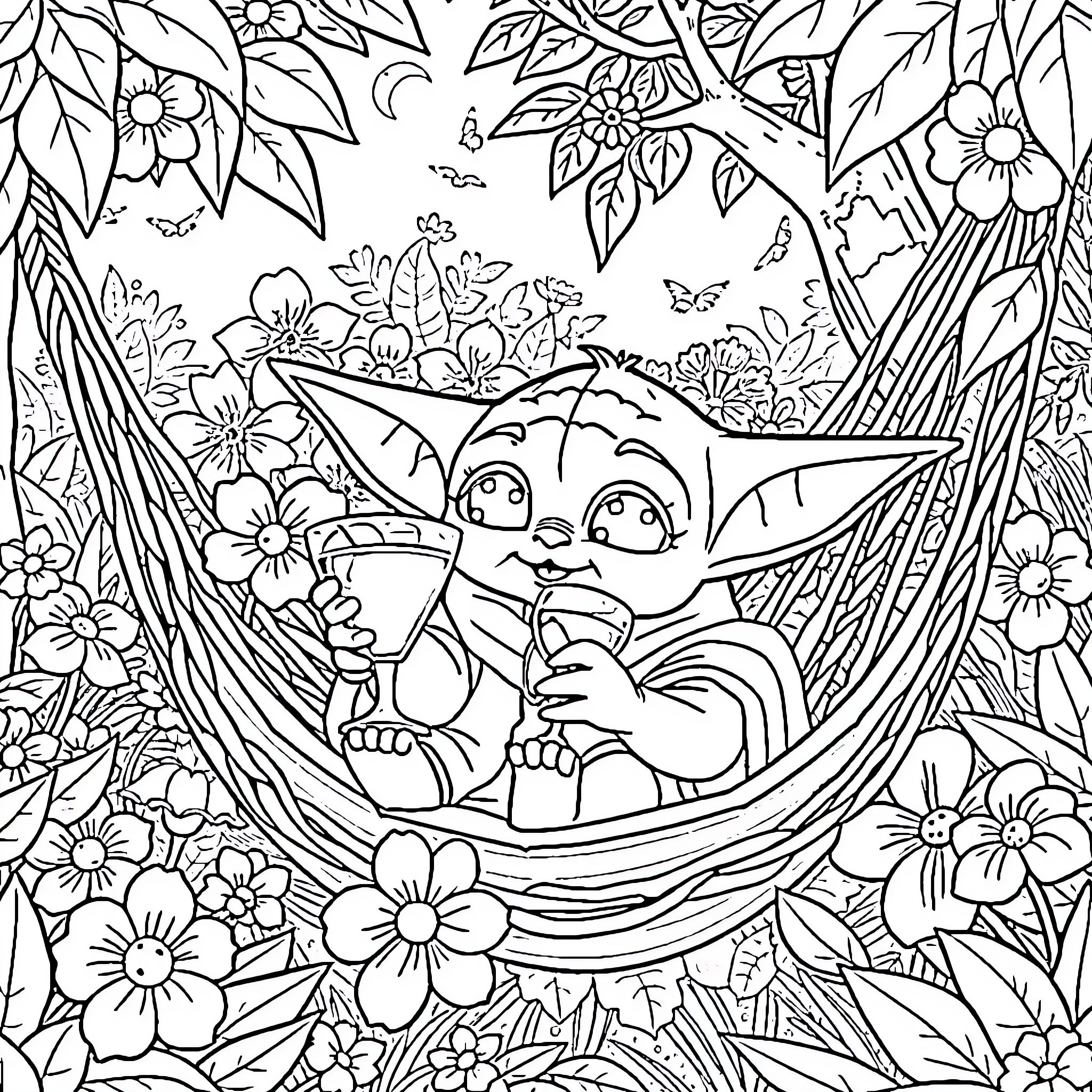 Yoda enjoying a peaceful moment in a floral paradise Coloring Page (free black-and-white line drawing printable PDF for all, from beginners to advanced learners, including children, teens, adults, and seniors)