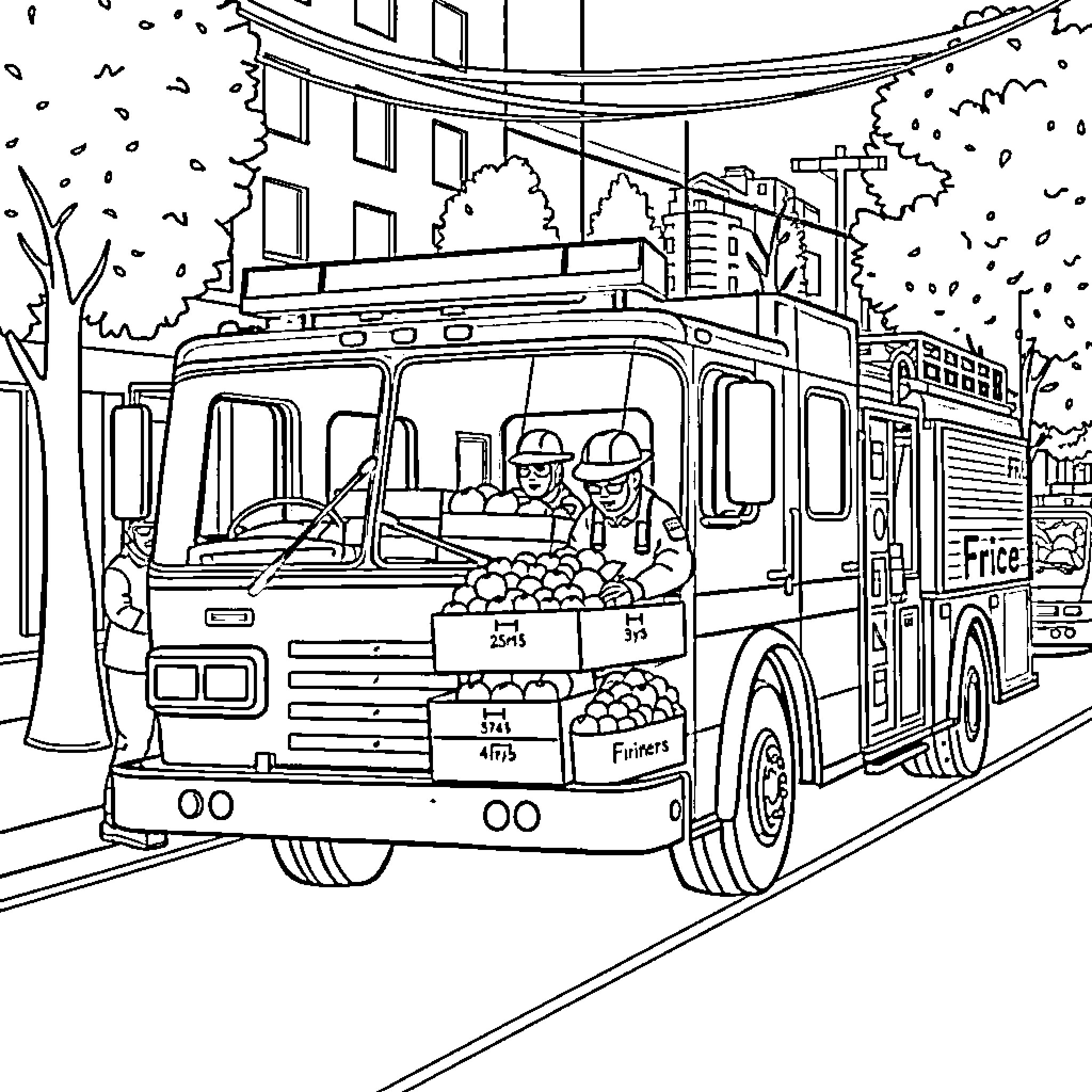 Firetruck responding to an emergency call Coloring Page (free black-and-white line drawing printable PDF for all, from beginners to advanced learners, including children, teens, adults, and seniors)