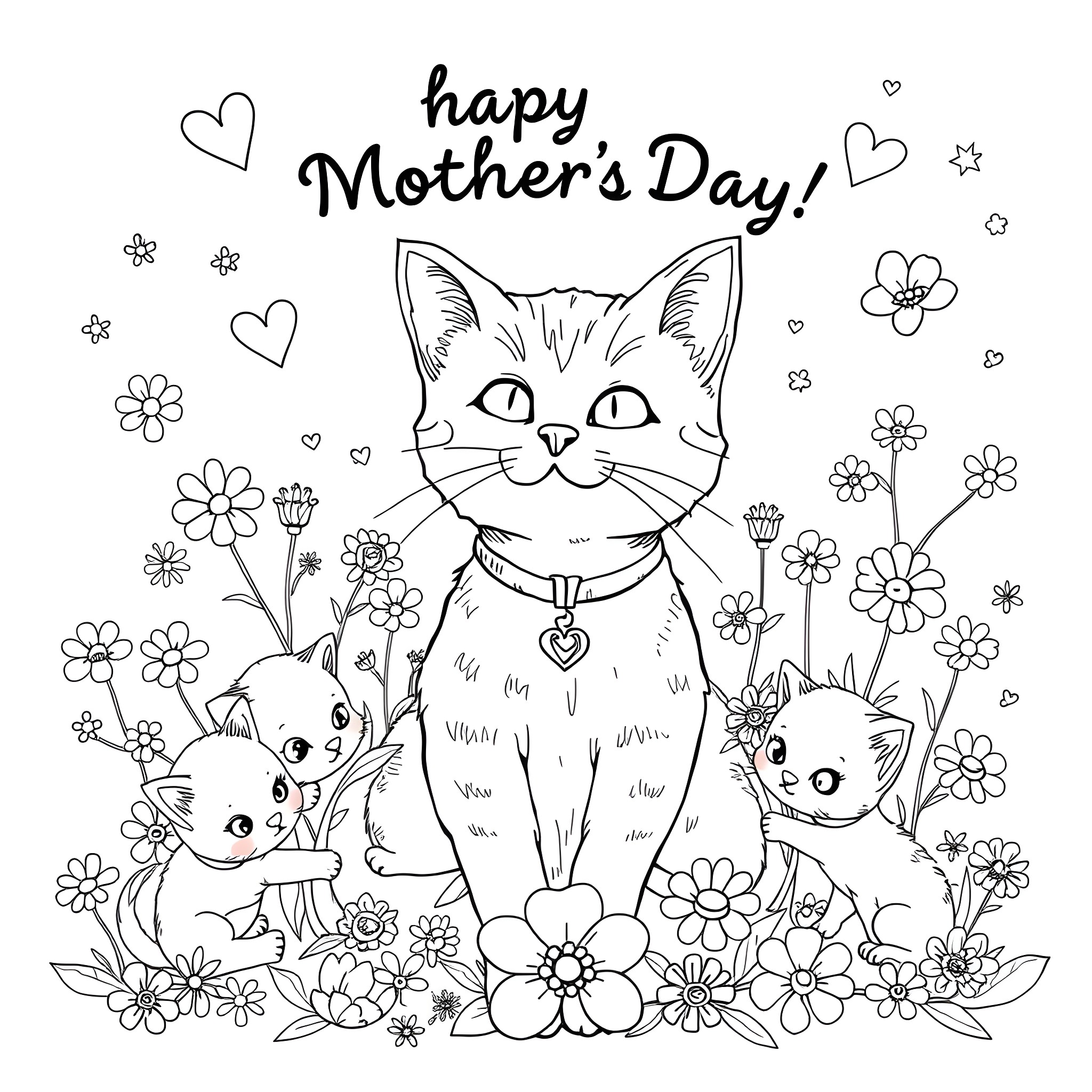 Gabby's Happy Mother's Day with Kittens and Flowers Coloring Page (free black-and-white line drawing printable PDF for all, from beginners to advanced learners, including children, teens, adults, and seniors)