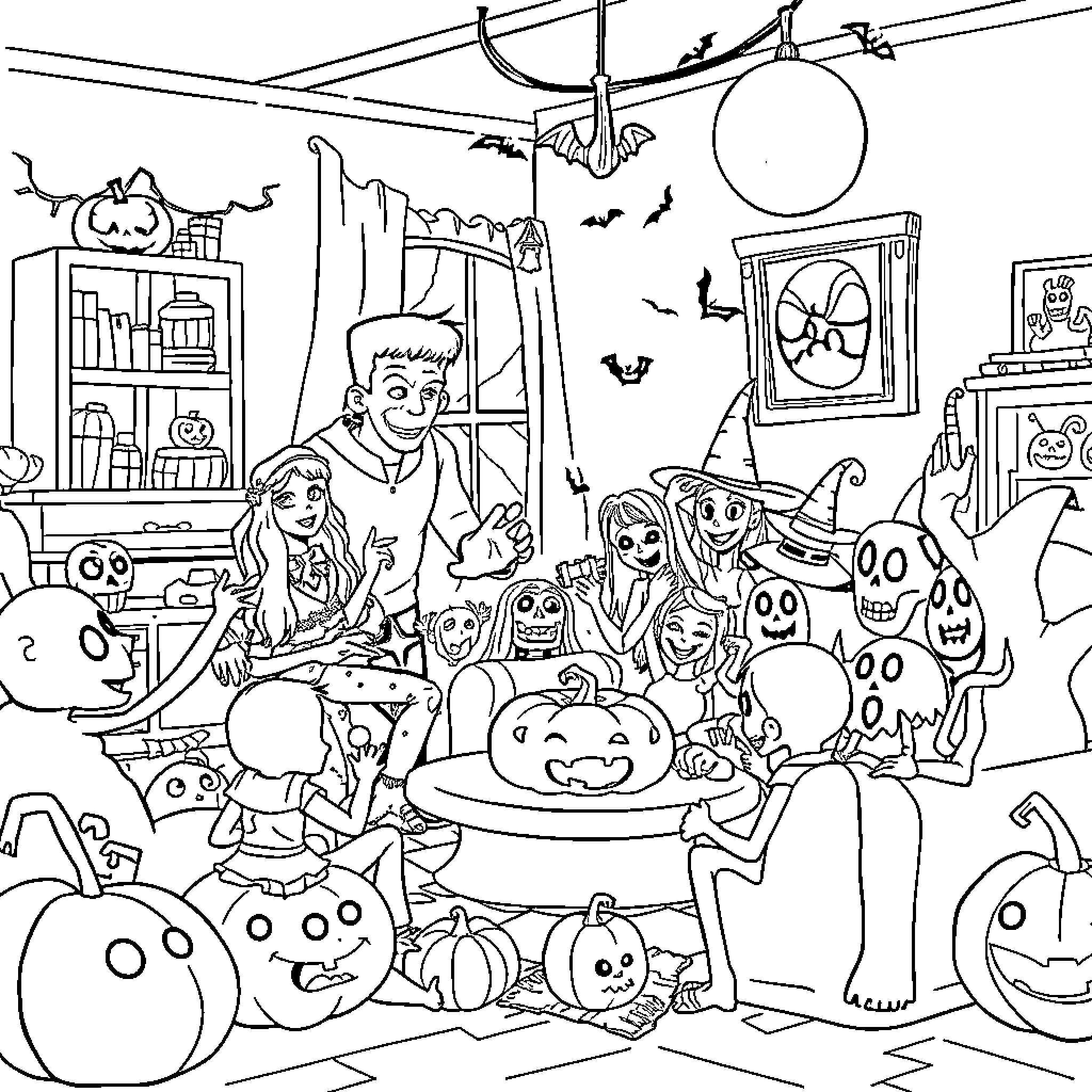 Halloween family gathering with spooky decorations Coloring Page (free black-and-white line drawing printable PDF for all, from beginners to advanced learners, including children, teens, adults, and seniors)