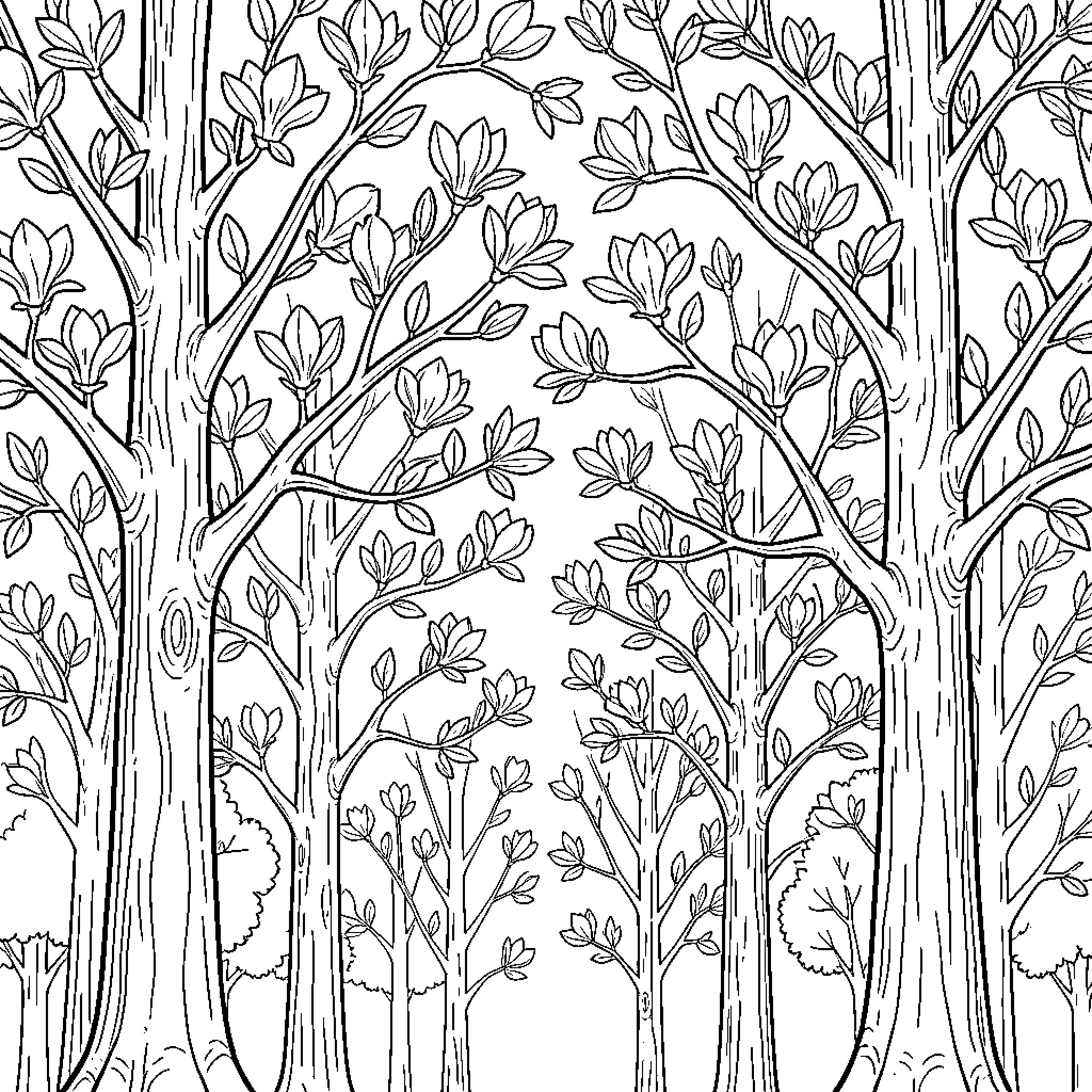 Magnolia trees growing densely in a peaceful forest Coloring Page (free black-and-white line drawing printable PDF for all, from beginners to advanced learners, including children, teens, adults, and seniors)