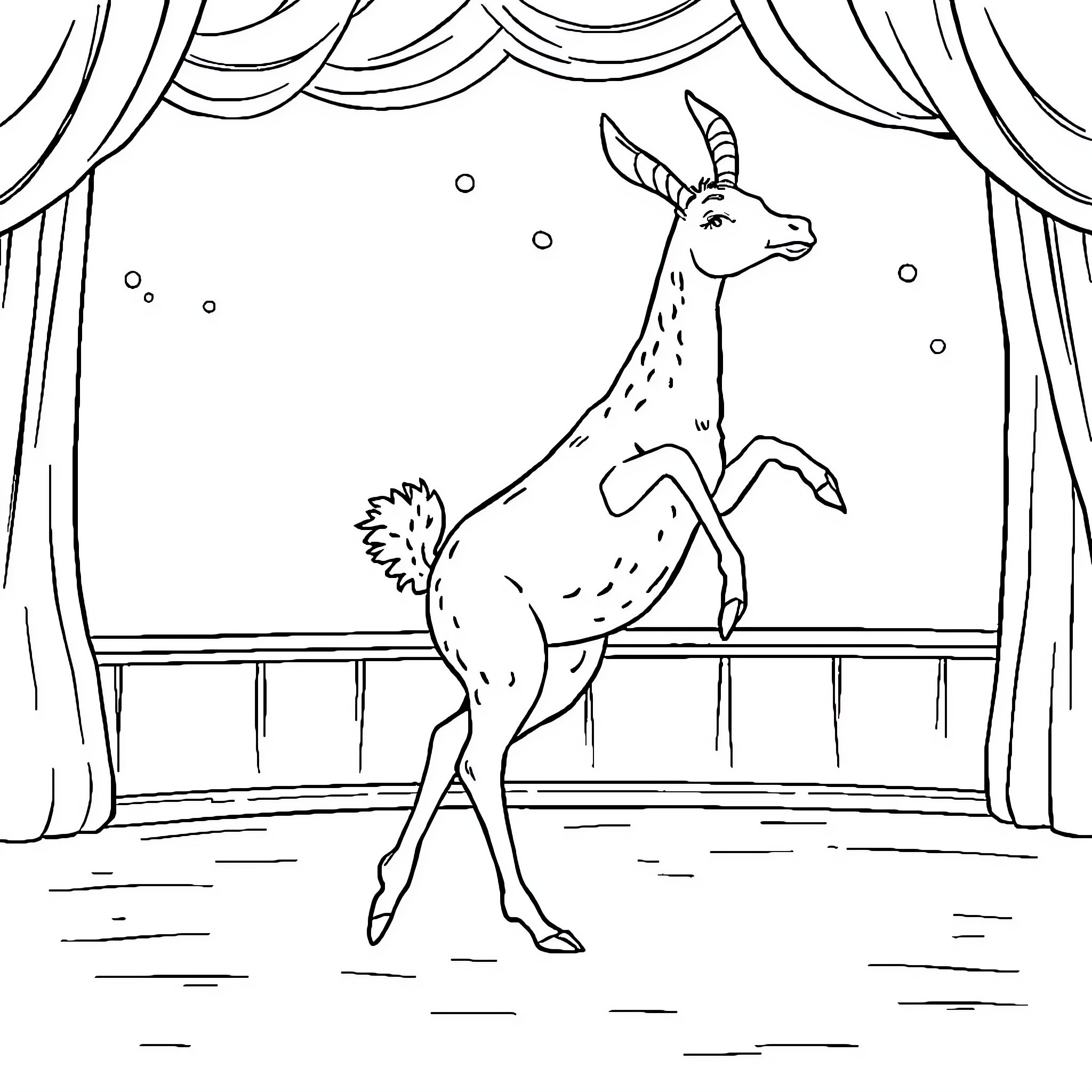 Donkey performing on stage in the spotlight Coloring Page (free black-and-white line drawing printable PDF for all, from beginners to advanced learners, including children, teens, adults, and seniors)