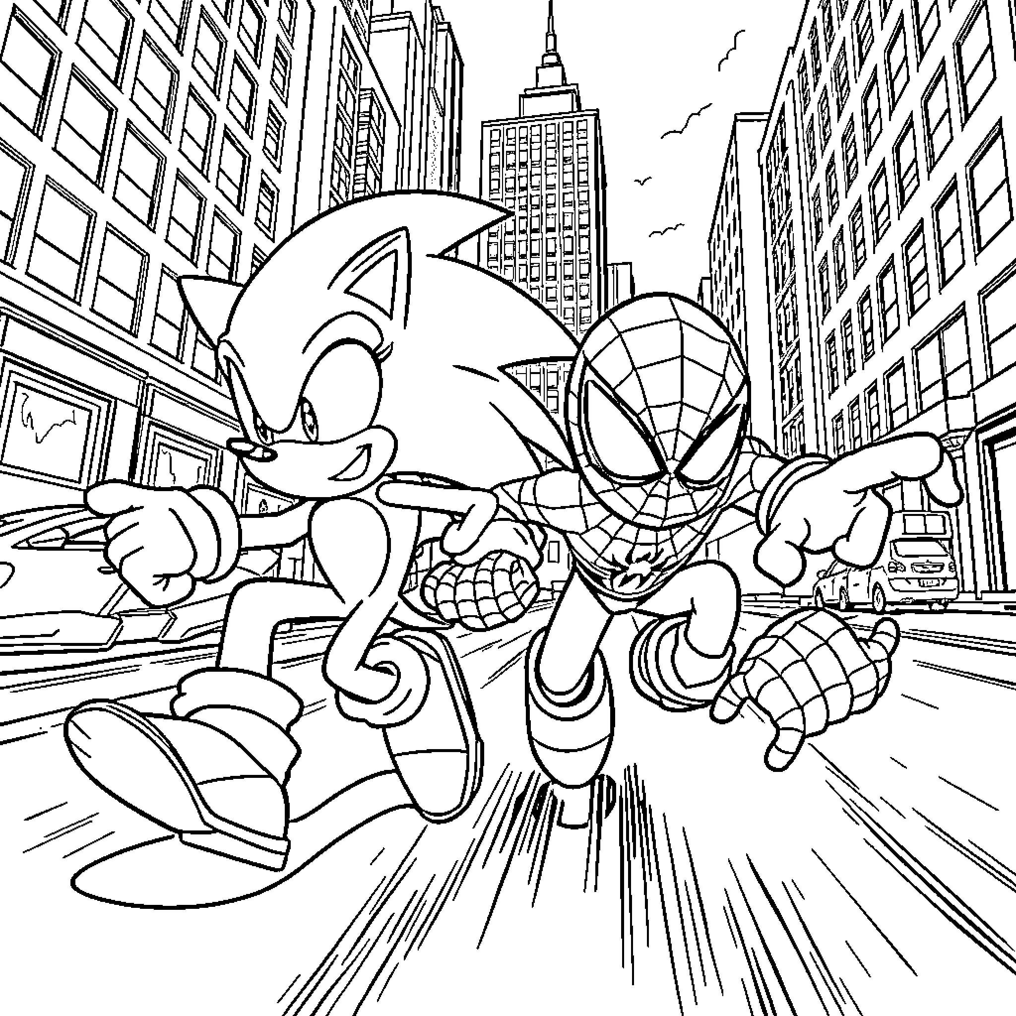 Sonic and Spider-Man race through the city Coloring Page (free black-and-white line drawing printable PDF for all, from beginners to advanced learners, including children, teens, adults, and seniors)