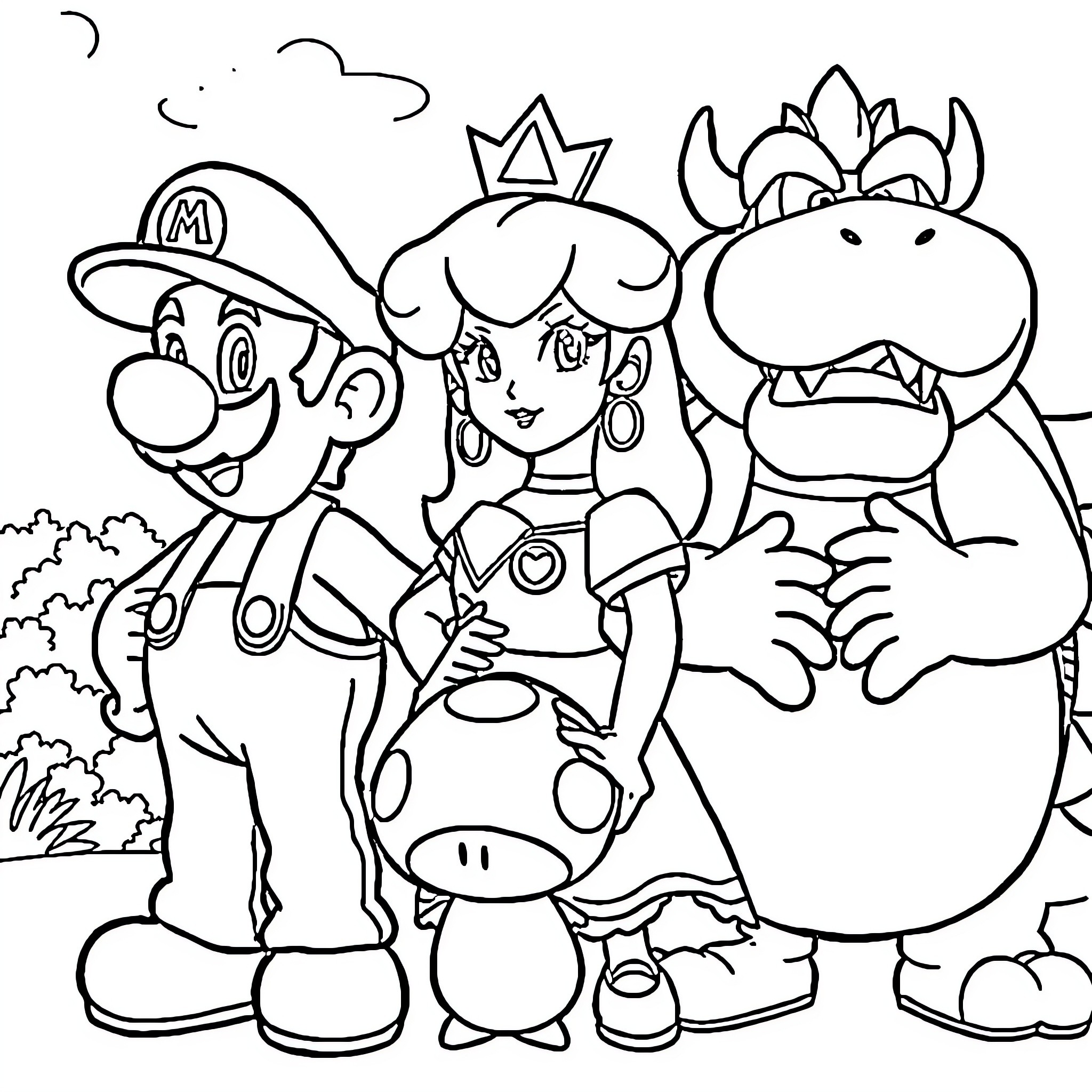 Mario and friends on an adventure Coloring Page (free black-and-white line drawing printable PDF for all, from beginners to advanced learners, including children, teens, adults, and seniors)