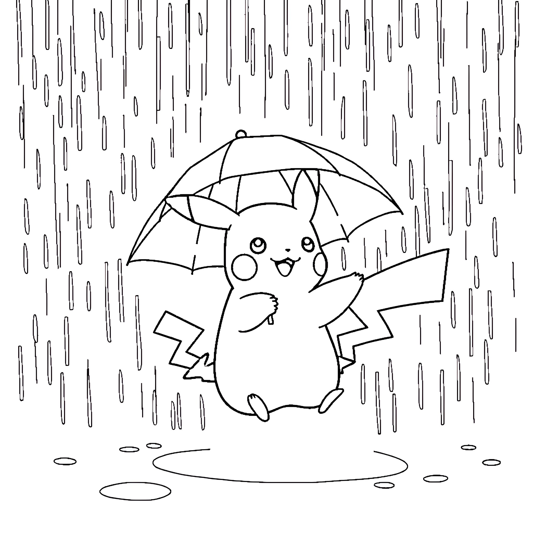 Pikachu enjoying the rainy day with umbrella Coloring Page (free black-and-white line drawing printable PDF for all, from beginners to advanced learners, including children, teens, adults, and seniors)
