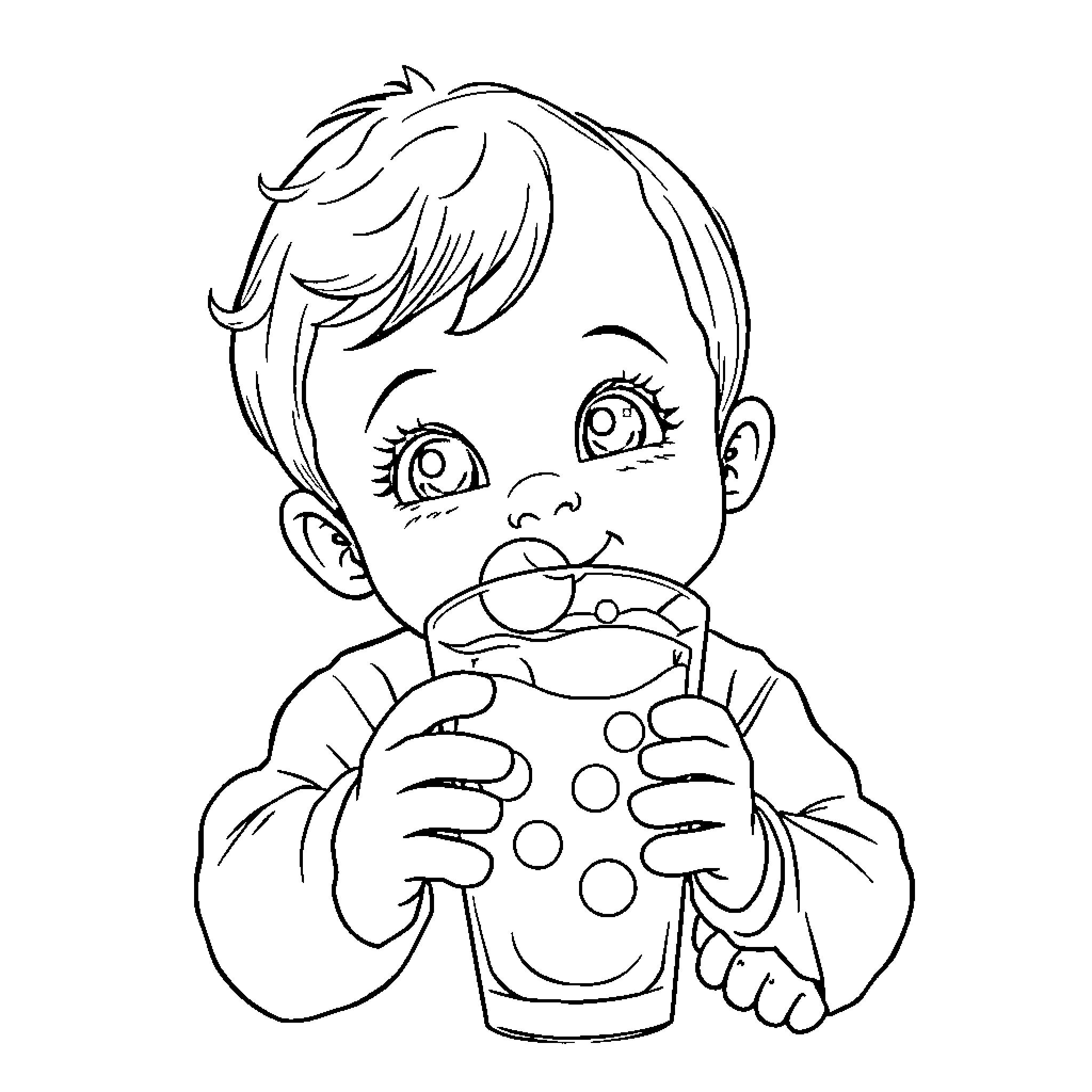 Baby Saja enjoying a sweet drink Coloring Page (free black-and-white line drawing printable PDF for all, from beginners to advanced learners, including children, teens, adults, and seniors)
