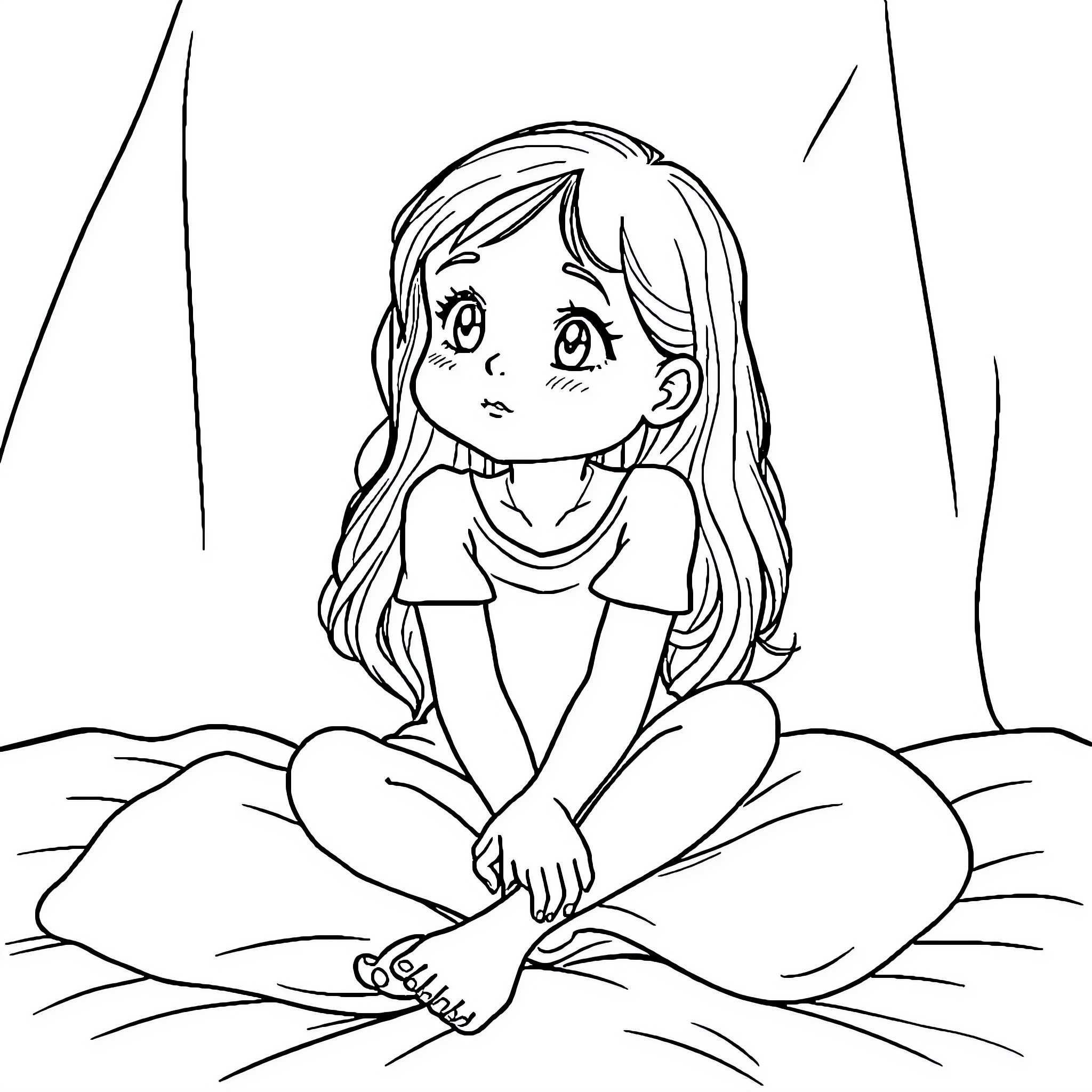 Girl sitting solemnly in nature Coloring Page (free black-and-white line drawing printable PDF for all, from beginners to advanced learners, including children, teens, adults, and seniors)