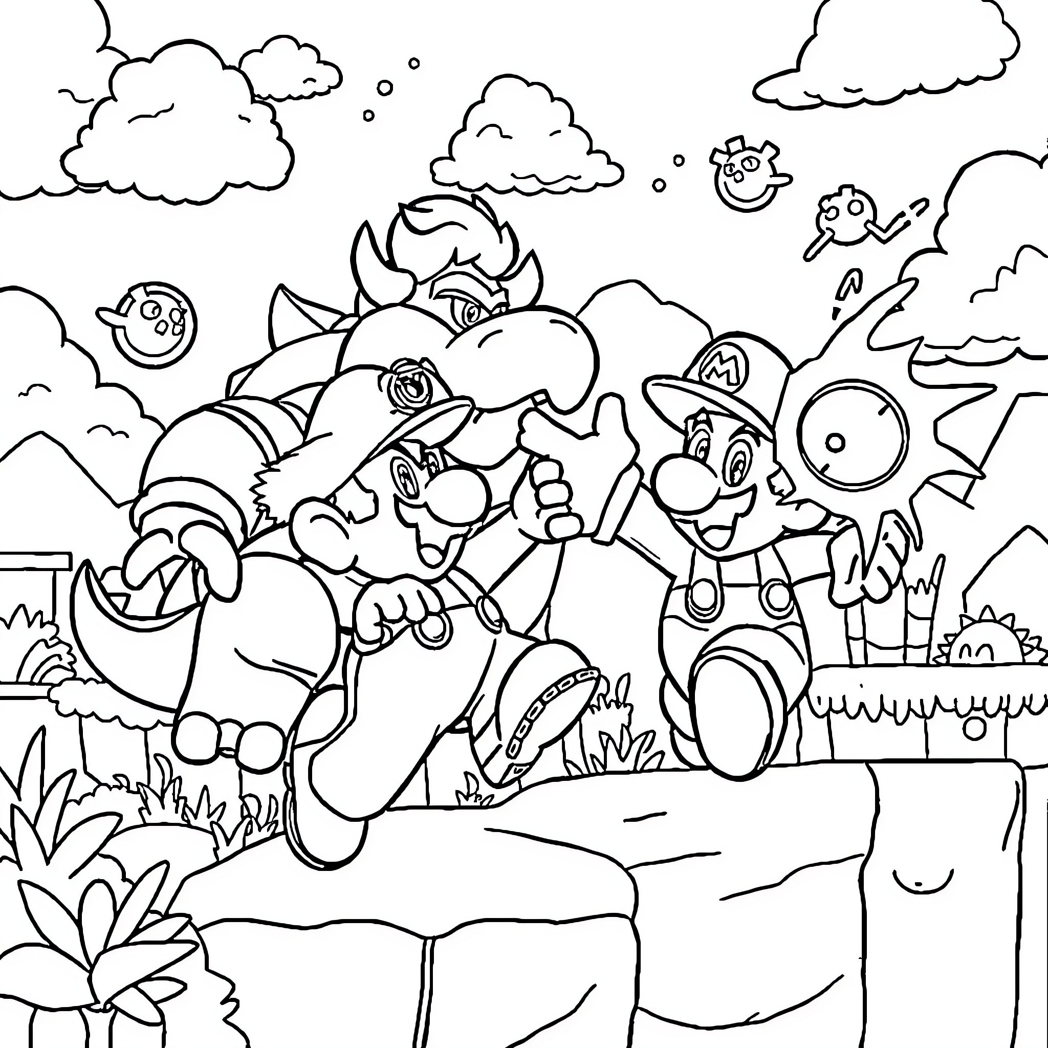 Mario and Bowser Explore the Whimsical Landscape Coloring Page (free black-and-white line drawing printable PDF for all, from beginners to advanced learners, including children, teens, adults, and seniors)