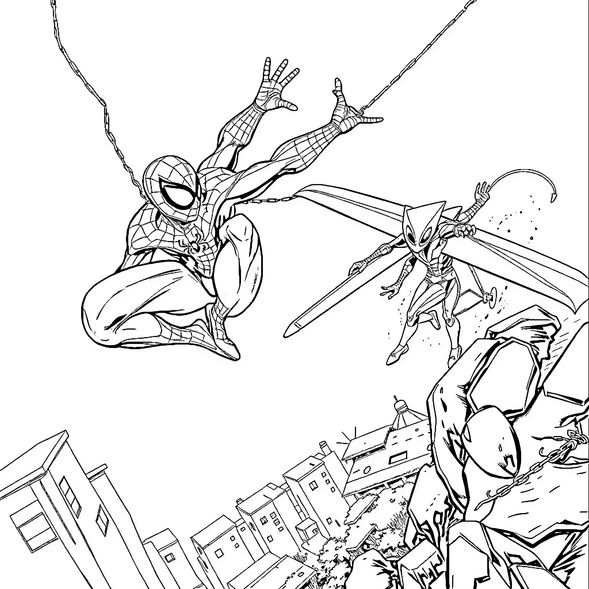 Spider-Man facing off against villains in the city Coloring Page (free black-and-white line drawing printable PDF for all, from beginners to advanced learners, including children, teens, adults, and seniors)