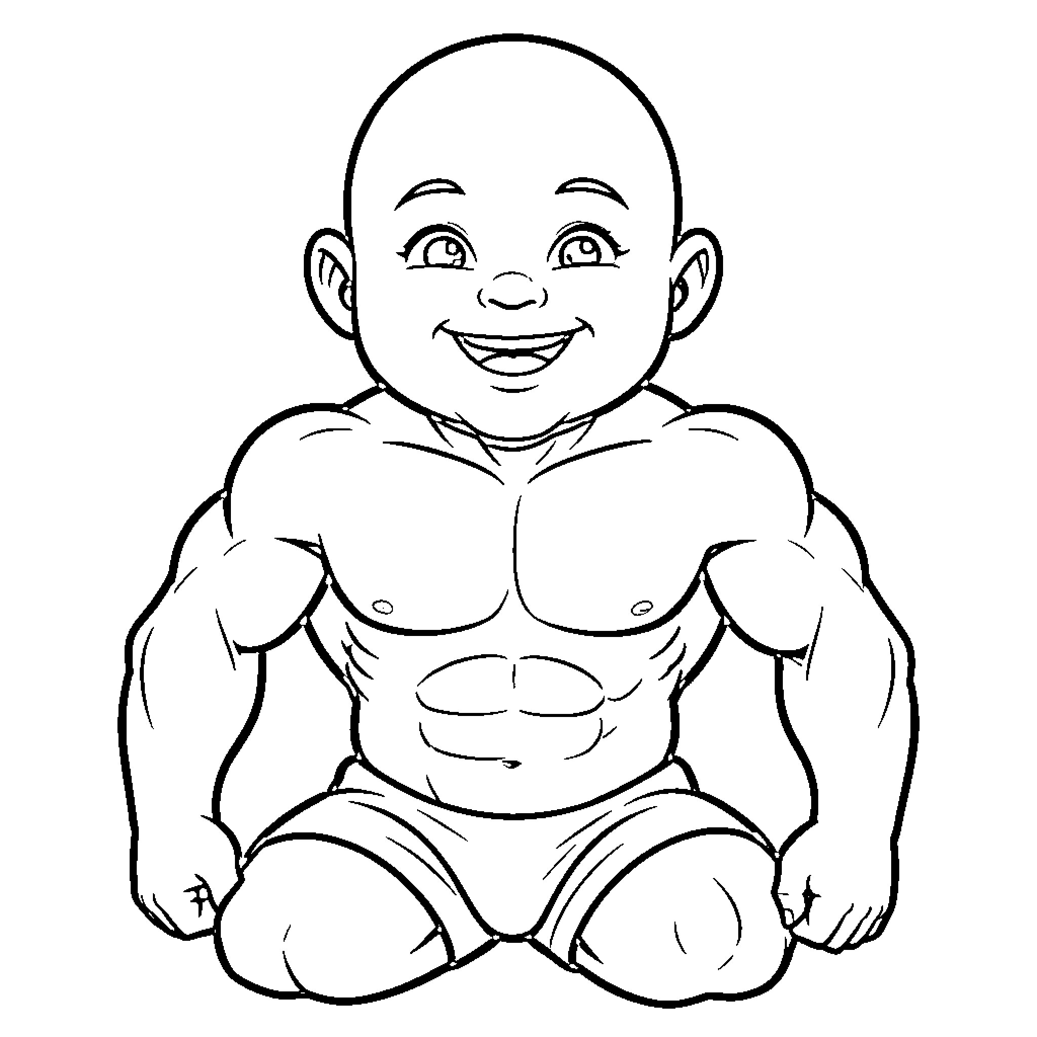 Baby Boy Displaying Muscular Build Coloring Page (free black-and-white line drawing printable PDF for all, from beginners to advanced learners, including children, teens, adults, and seniors)