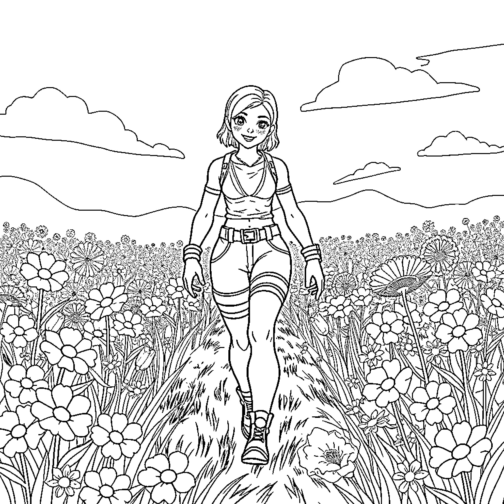 Fortnite Skin walking through a floral field Coloring Page (free black-and-white line drawing printable PDF for all, from beginners to advanced learners, including children, teens, adults, and seniors)