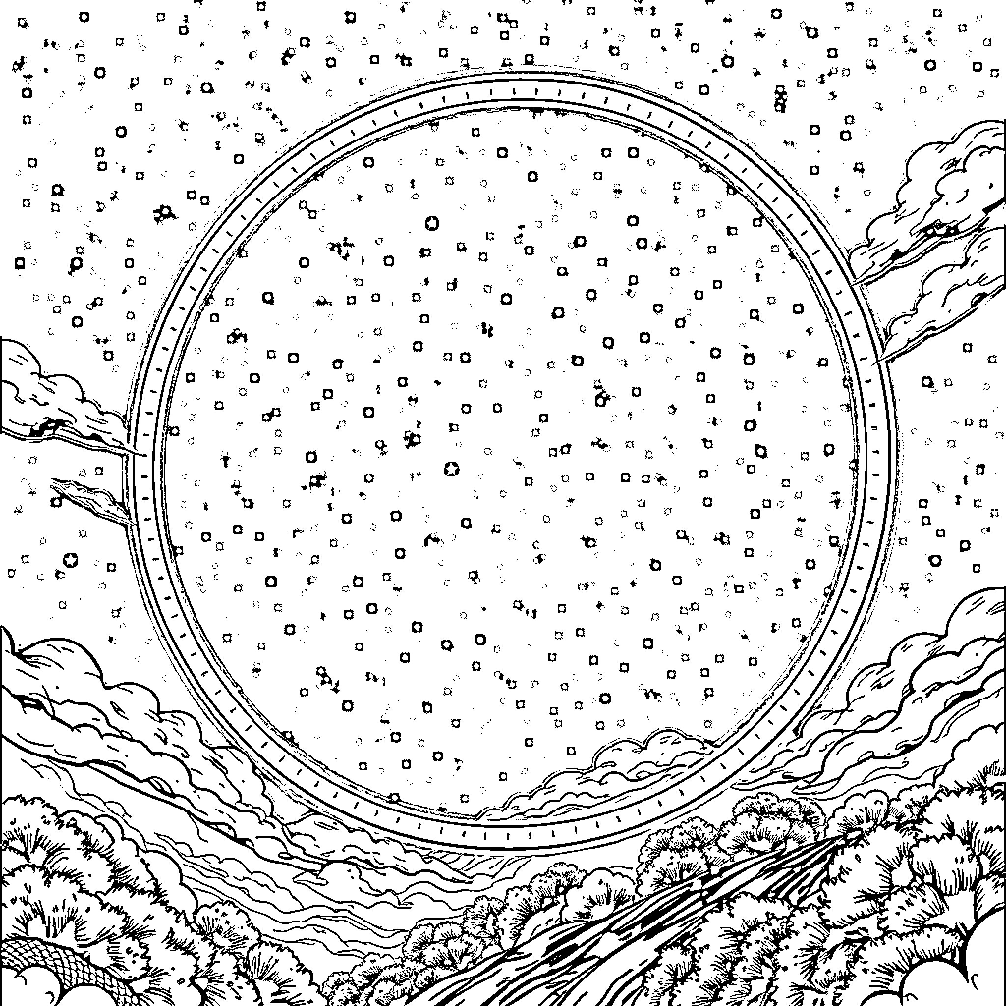Ferris Wheel under the starry night sky Coloring Page (free black-and-white line drawing printable PDF for all, from beginners to advanced learners, including children, teens, adults, and seniors)