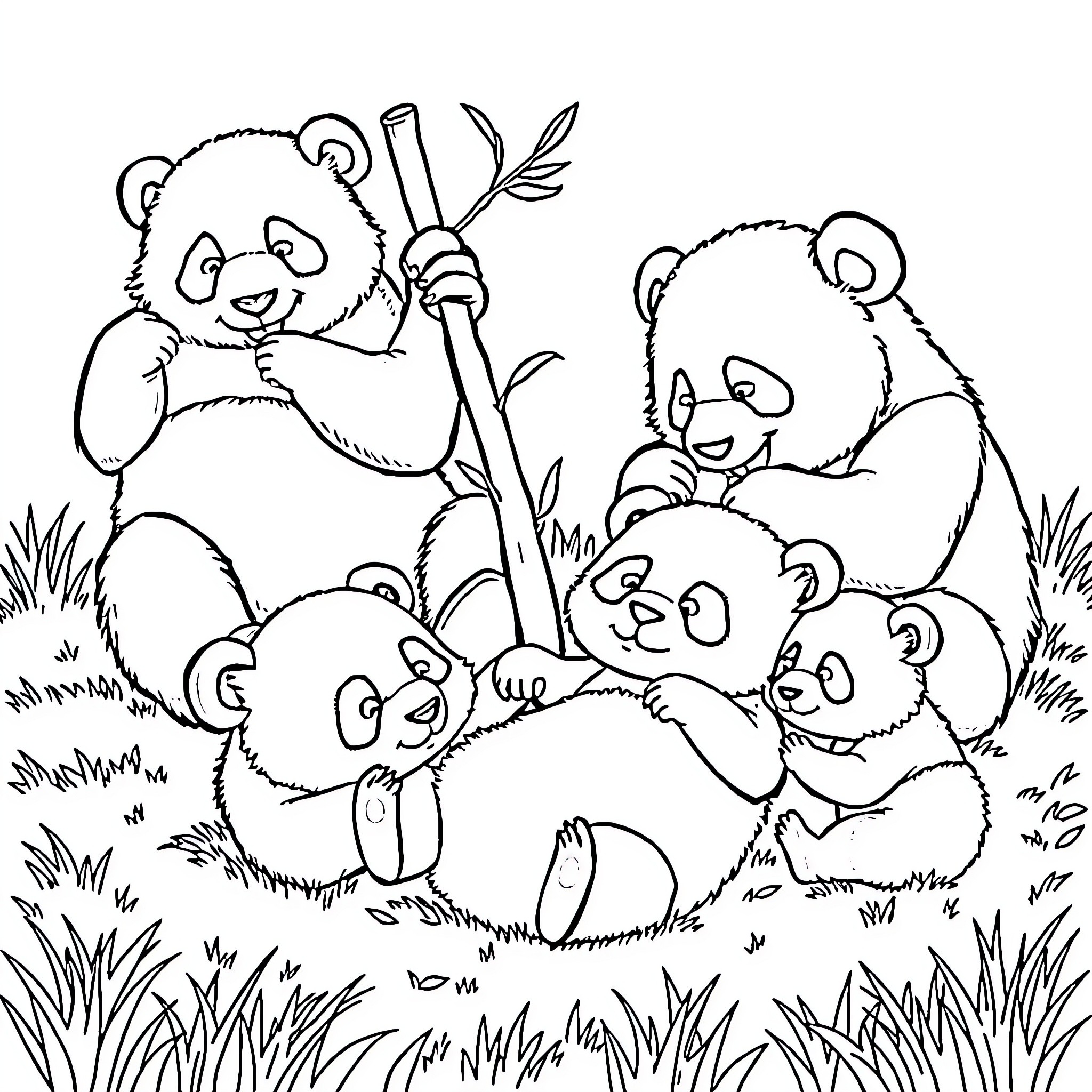 Panda family playing together in nature Coloring Page (free black-and-white line drawing printable PDF for all, from beginners to advanced learners, including children, teens, adults, and seniors)