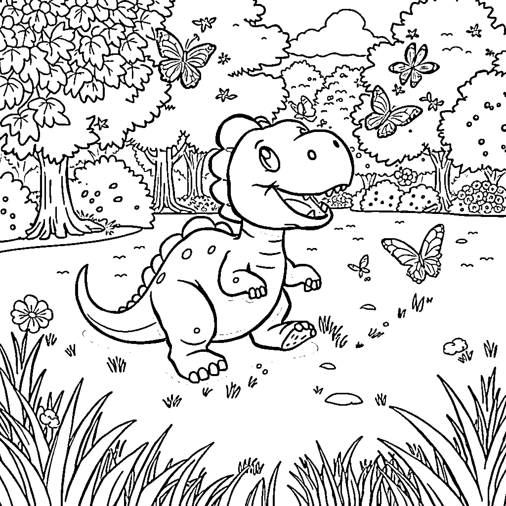 Dinosaur exploring a whimsical forest scene Coloring Page (free black-and-white line drawing printable PDF for all, from beginners to advanced learners, including children, teens, adults, and seniors)