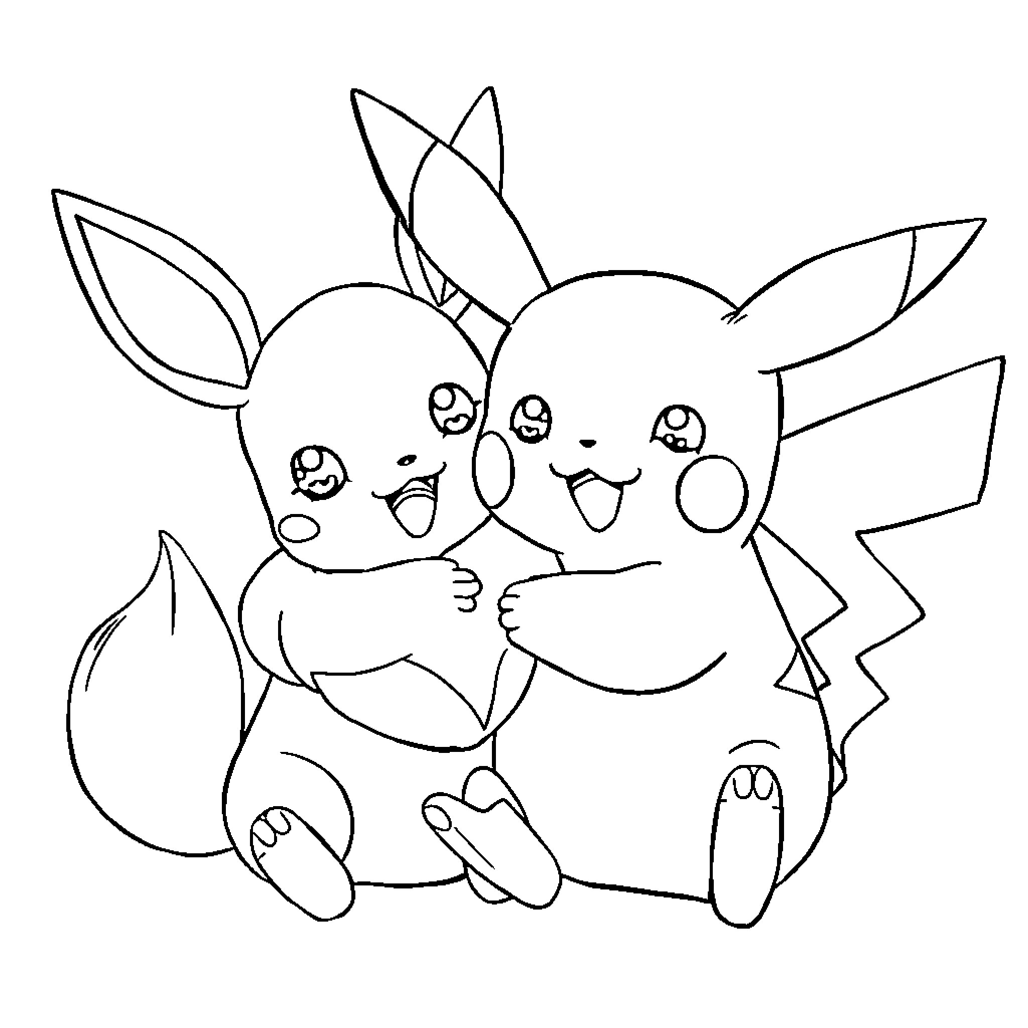 Pikachu enjoying playful time with friends Coloring Page (free black-and-white line drawing printable PDF for all, from beginners to advanced learners, including children, teens, adults, and seniors)