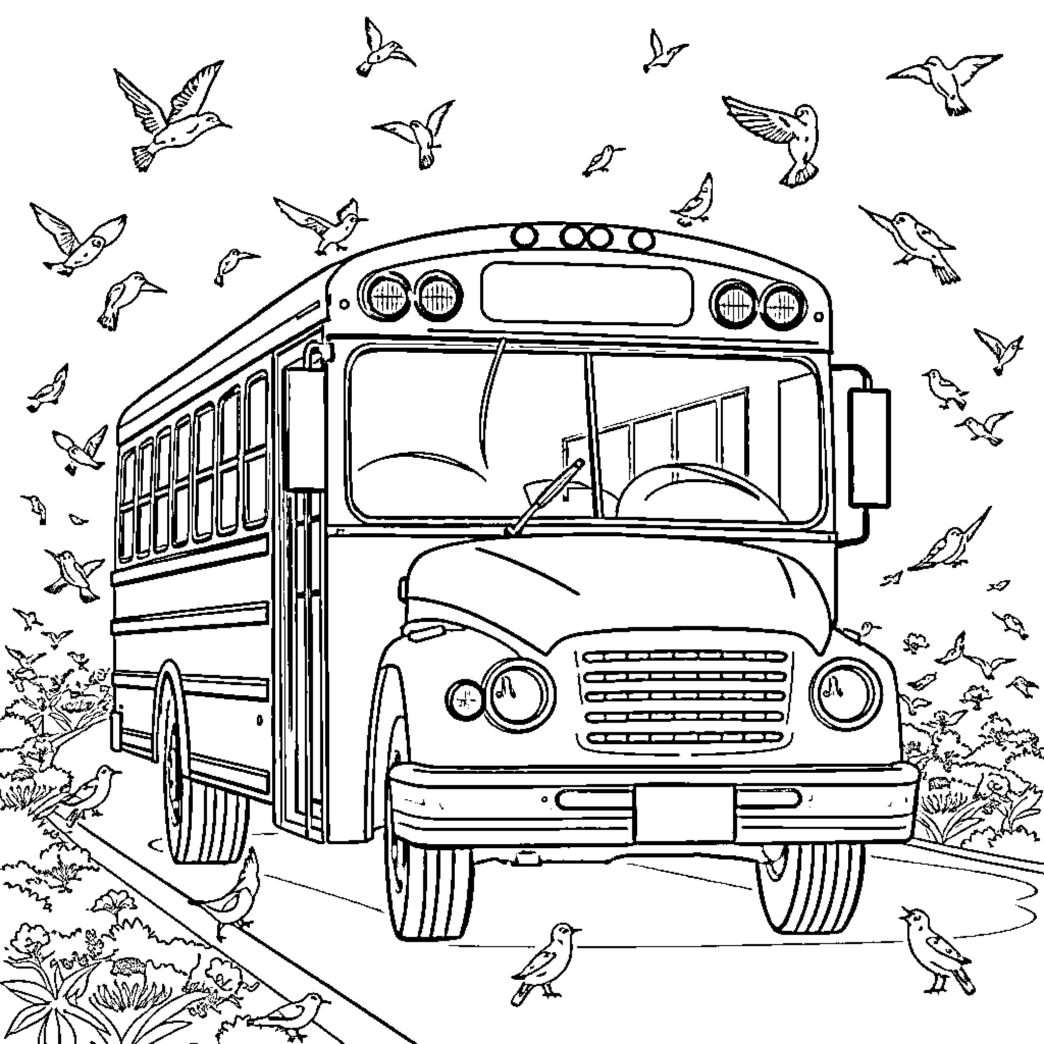 Bus filled with birds and butterflies on the road Coloring Page (free black-and-white line drawing printable PDF for all, from beginners to advanced learners, including children, teens, adults, and seniors)