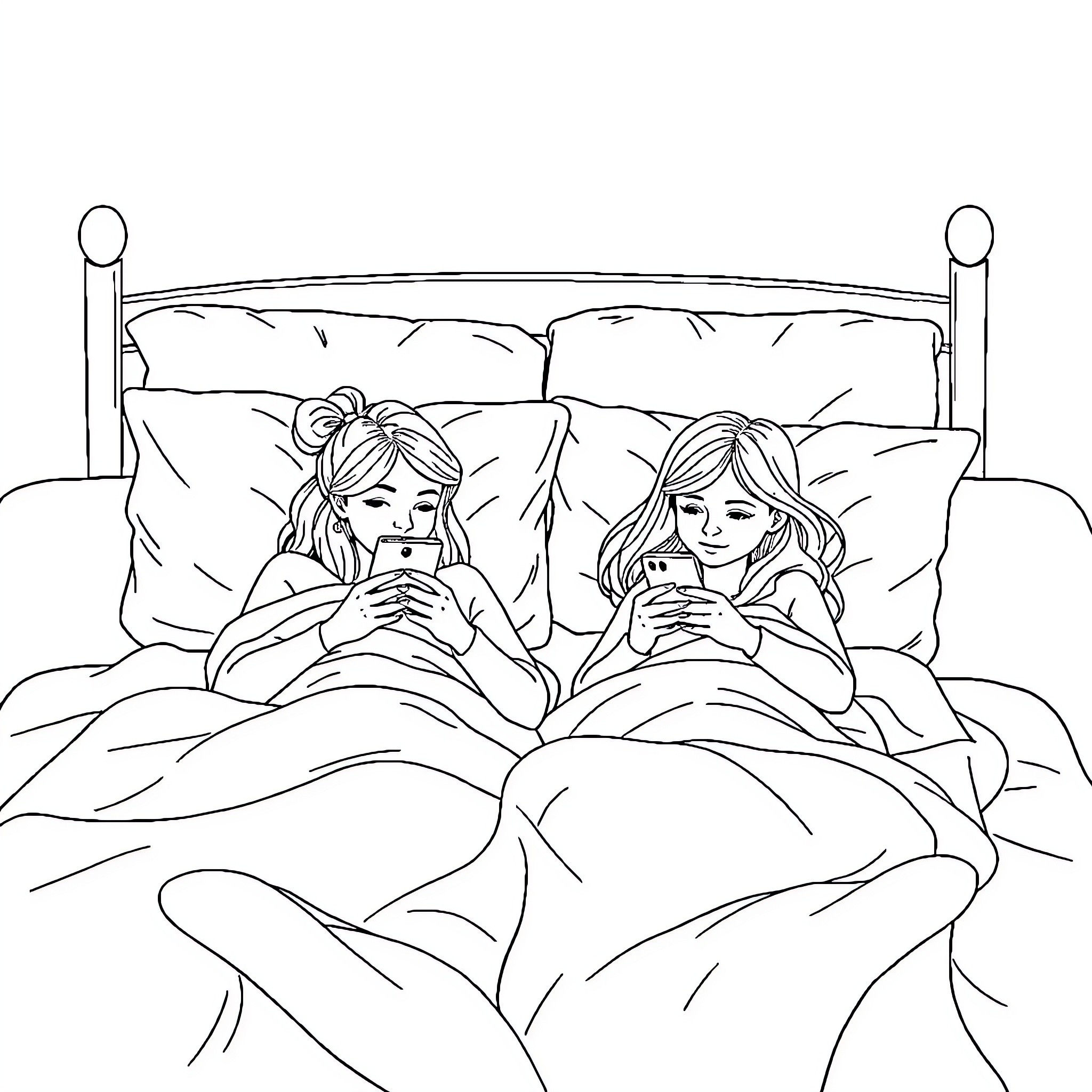 Mother and daughter using mobile phones on bed Coloring Page (free black-and-white line drawing printable PDF for all, from beginners to advanced learners, including children, teens, adults, and seniors)