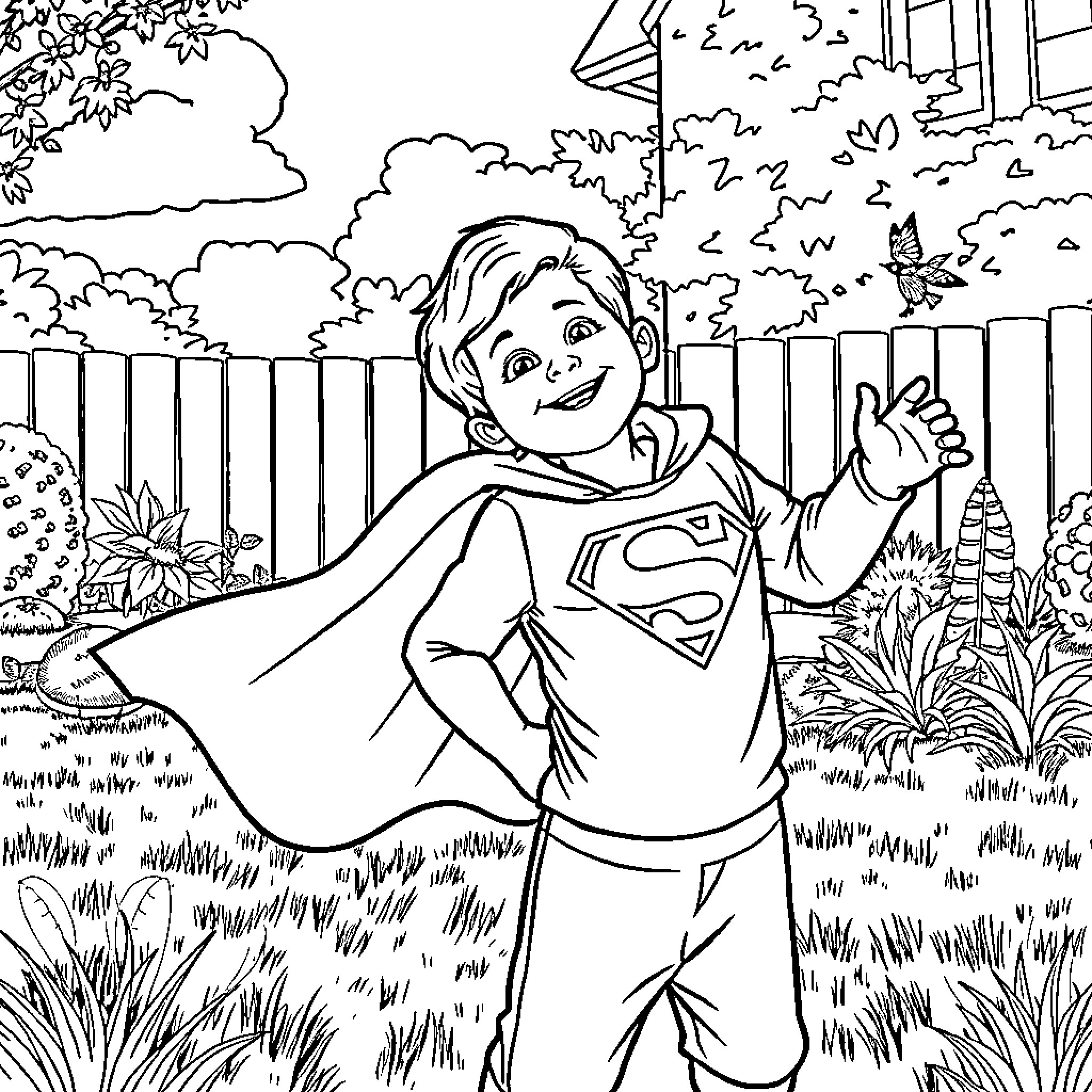 Superman joyfully exploring the outdoor garden Coloring Page (free black-and-white line drawing printable PDF for all, from beginners to advanced learners, including children, teens, adults, and seniors)