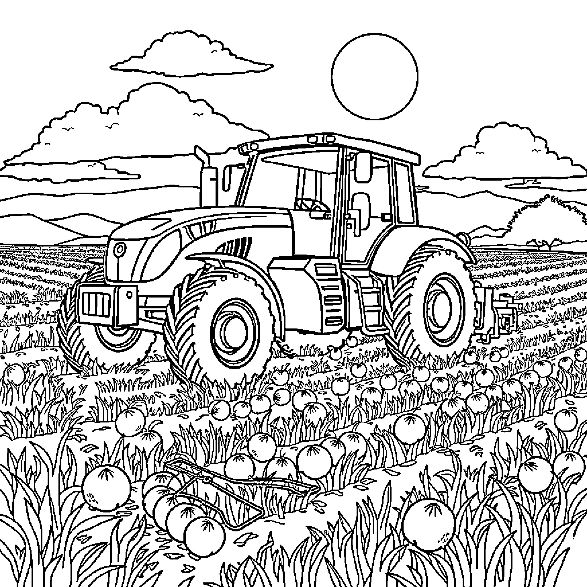 Tractor working diligently in the sun-kissed farmland Coloring Page (free black-and-white line drawing printable PDF for all, from beginners to advanced learners, including children, teens, adults, and seniors)