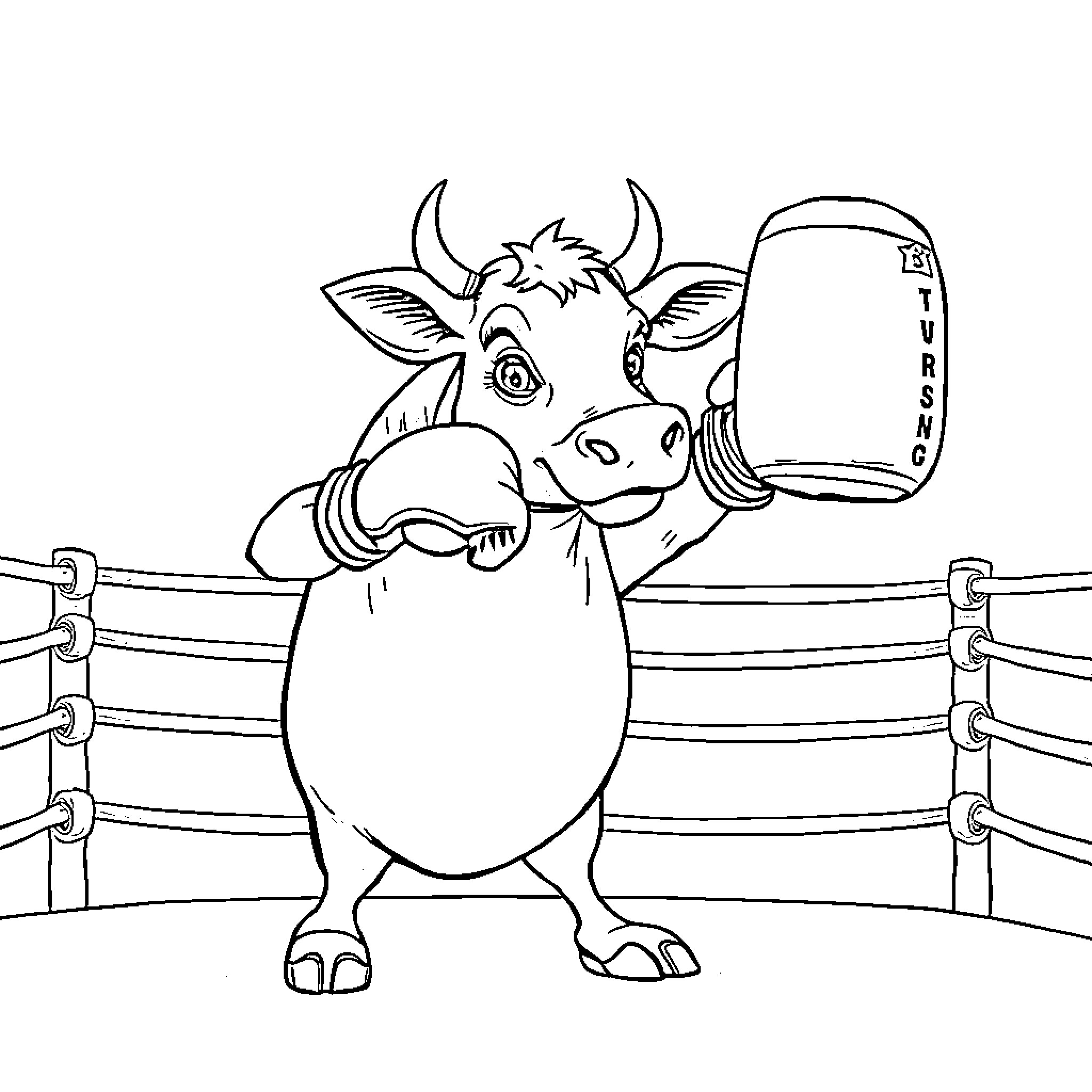 Cow boxer in the wrestling ring Coloring Page (free black-and-white line drawing printable PDF for all, from beginners to advanced learners, including children, teens, adults, and seniors)