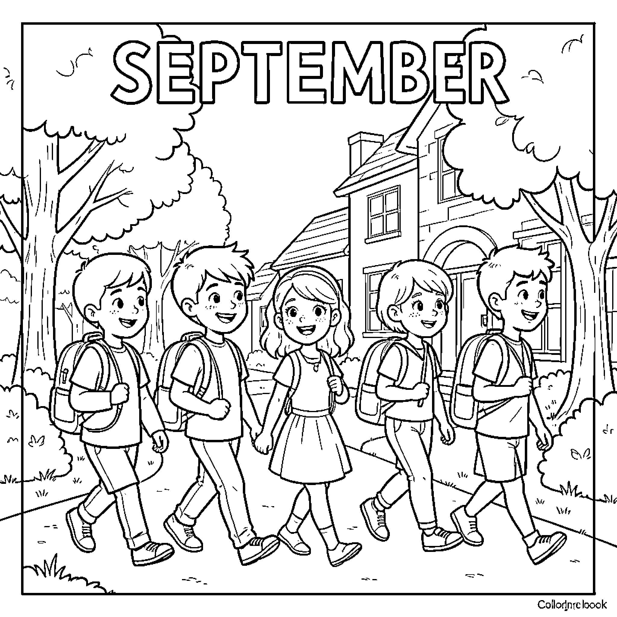 September school children walking together towards a building Coloring Page (free black-and-white line drawing printable PDF for all, from beginners to advanced learners, including children, teens, adults, and seniors)