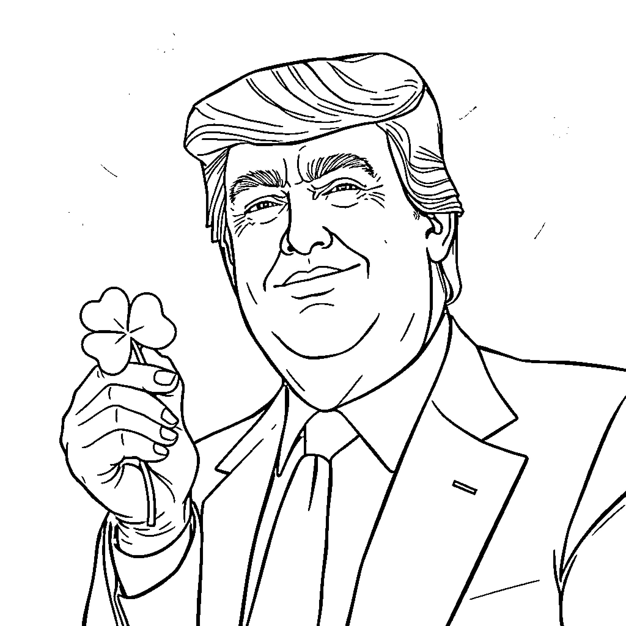 Trump Holding a Lucky Clover with Serious Expression Coloring Page (free black-and-white line drawing printable PDF for all, from beginners to advanced learners, including children, teens, adults, and seniors)