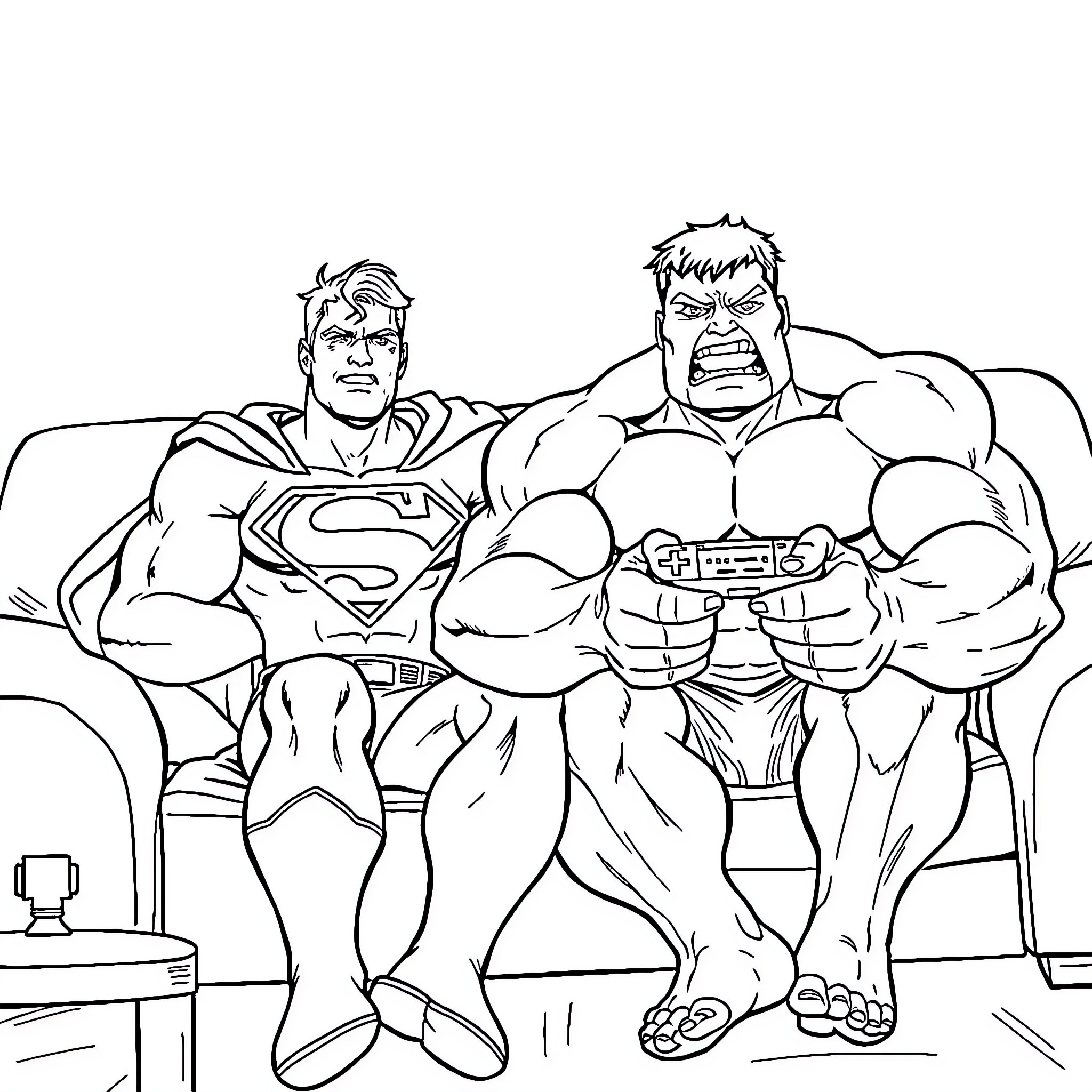 Superman and Hulk playing video games together Coloring Page (free black-and-white line drawing printable PDF for all, from beginners to advanced learners, including children, teens, adults, and seniors)
