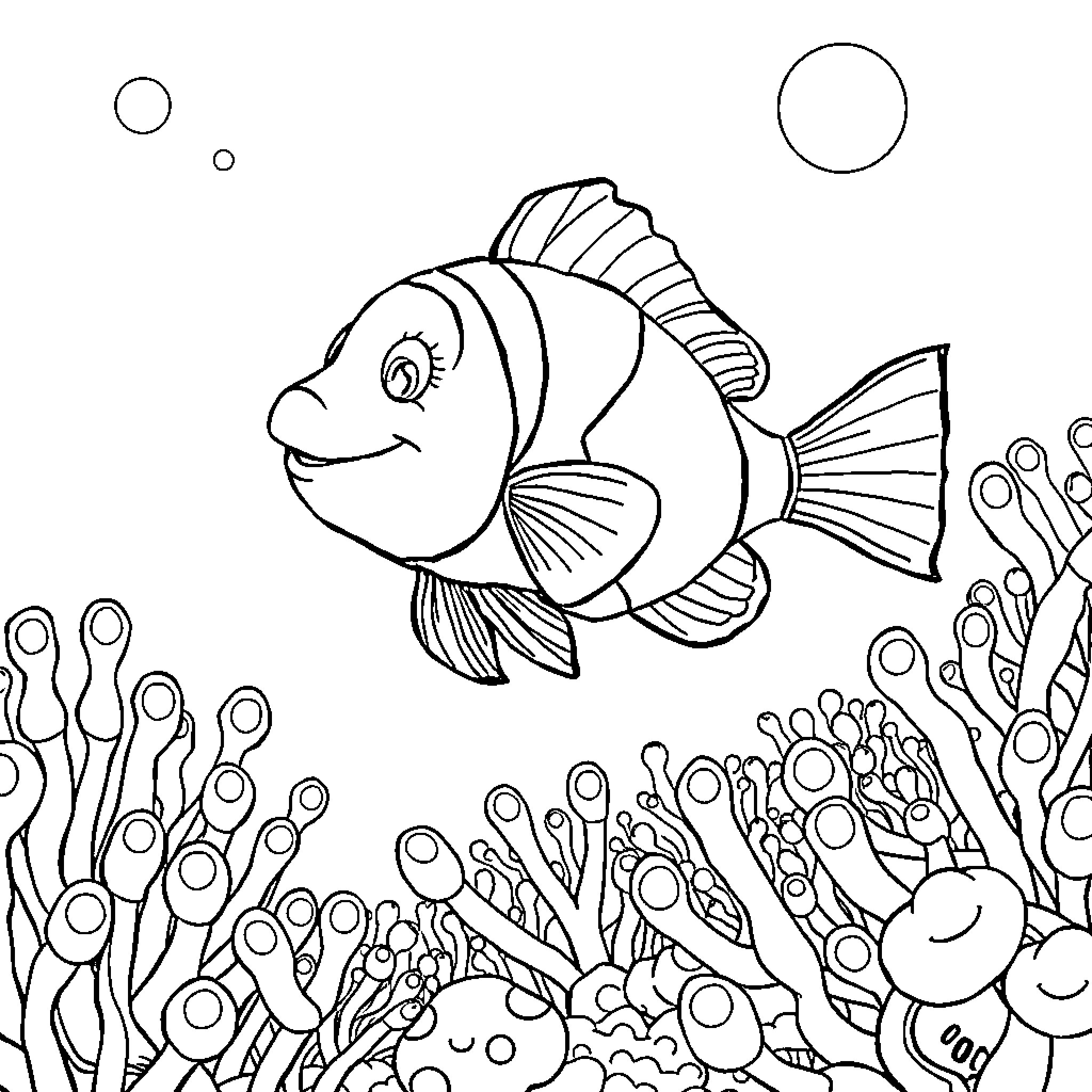 Clownfish swimming joyfully in underwater coral reef Coloring Page (free black-and-white line drawing printable PDF for all, from beginners to advanced learners, including children, teens, adults, and seniors)