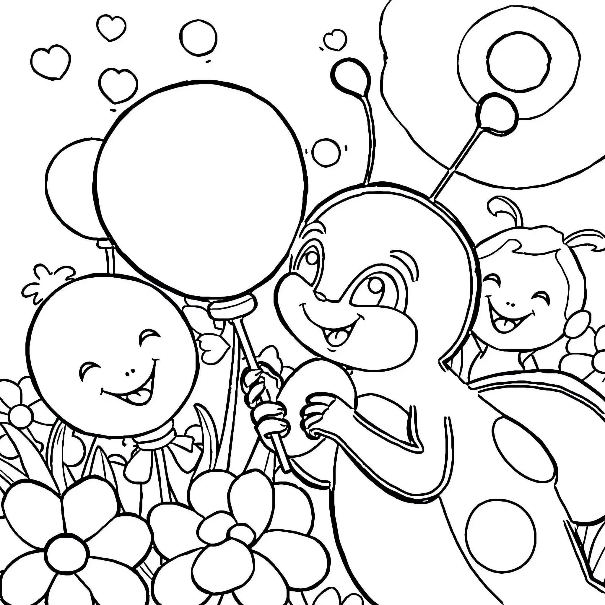 Tchoupi with friends playing and holding balloons Coloring Page (free black-and-white line drawing printable PDF for all, from beginners to advanced learners, including children, teens, adults, and seniors)