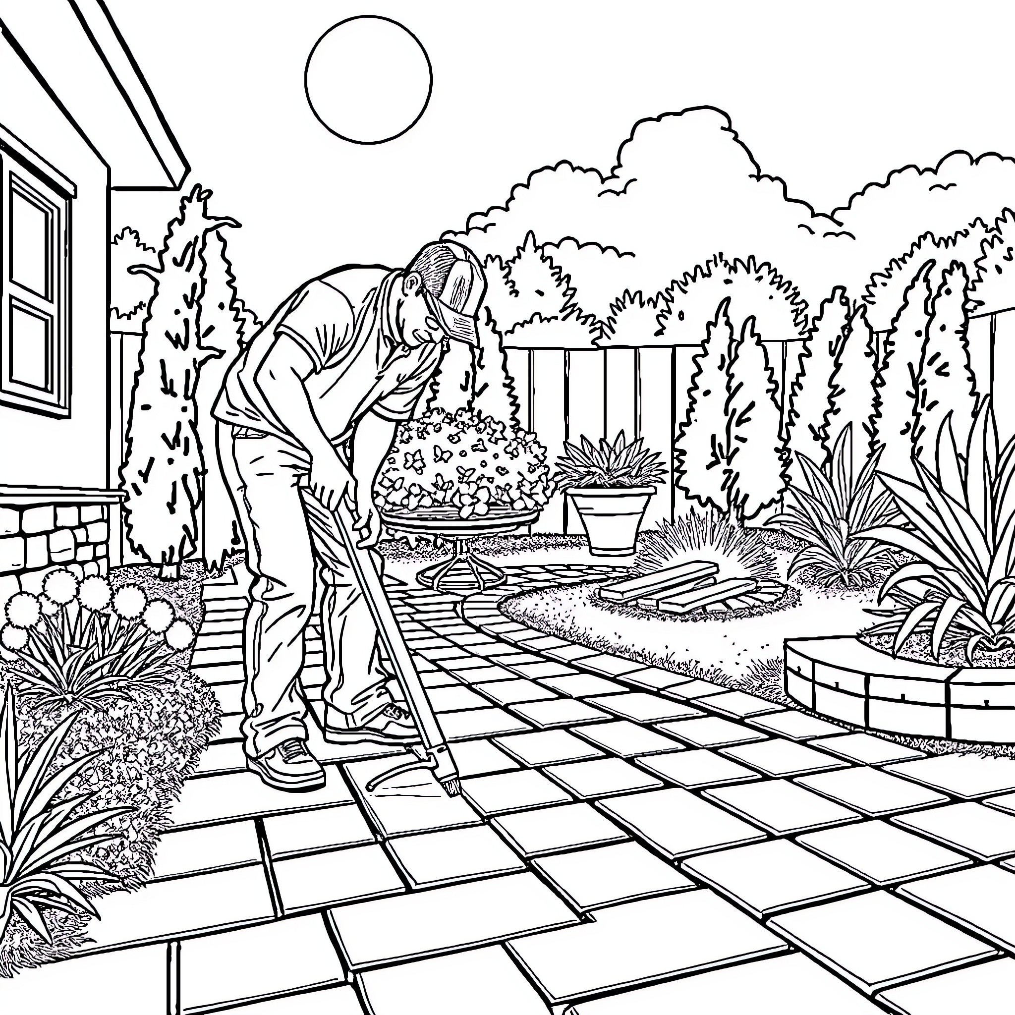 Guy working diligently in the garden Coloring Page (free black-and-white line drawing printable PDF for all, from beginners to advanced learners, including children, teens, adults, and seniors)