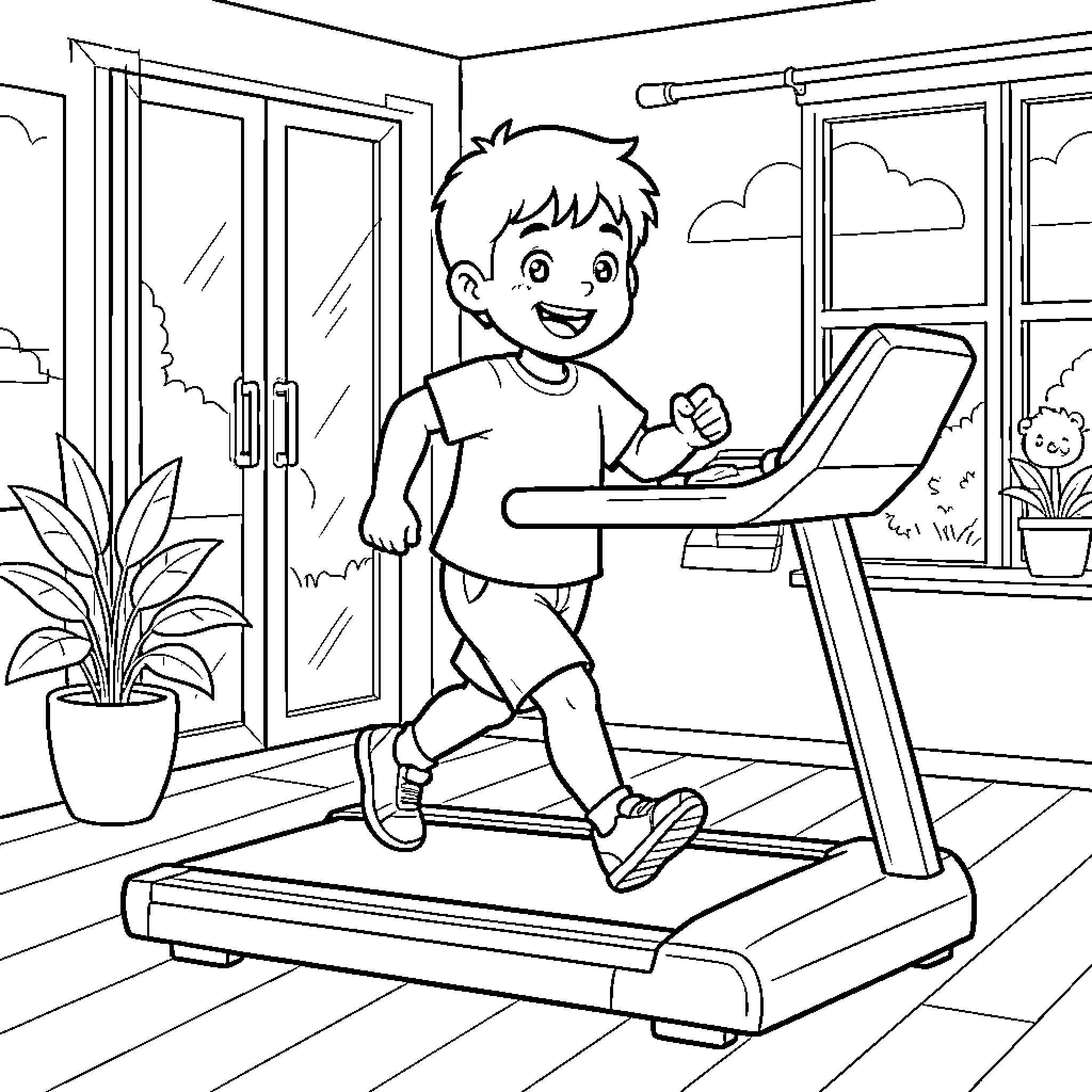 Boy exercising happily on treadmill at home Coloring Page (free black-and-white line drawing printable PDF for all, from beginners to advanced learners, including children, teens, adults, and seniors)