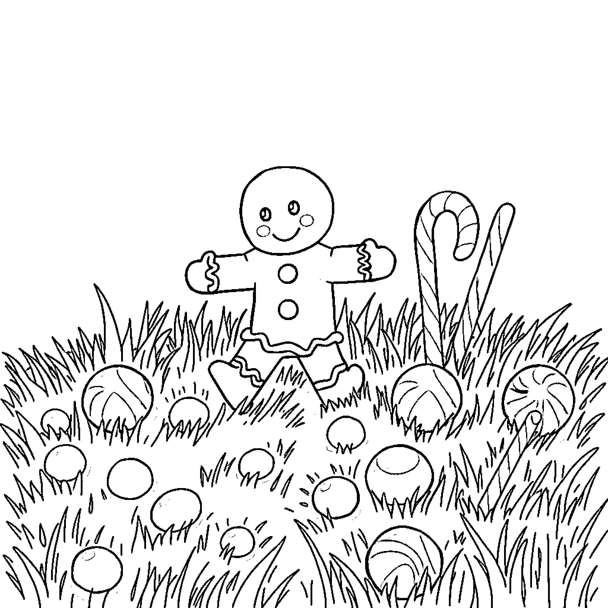 Gingerbread Man surrounded by mushrooms in grassy field Coloring Page (free black-and-white line drawing printable PDF for all, from beginners to advanced learners, including children, teens, adults, and seniors)