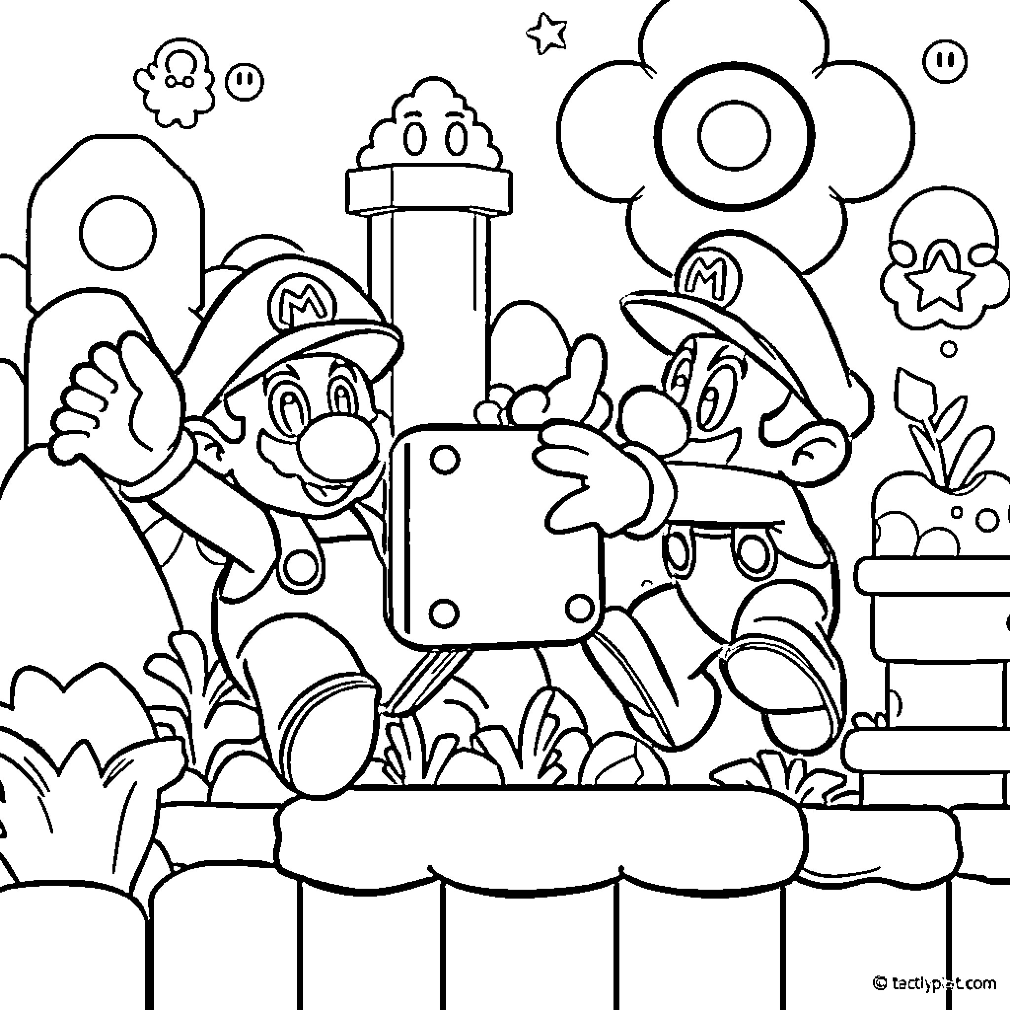 Mario and Luigi's Adventurous Escapades Coloring Page (free black-and-white line drawing printable PDF for all, from beginners to advanced learners, including children, teens, adults, and seniors)