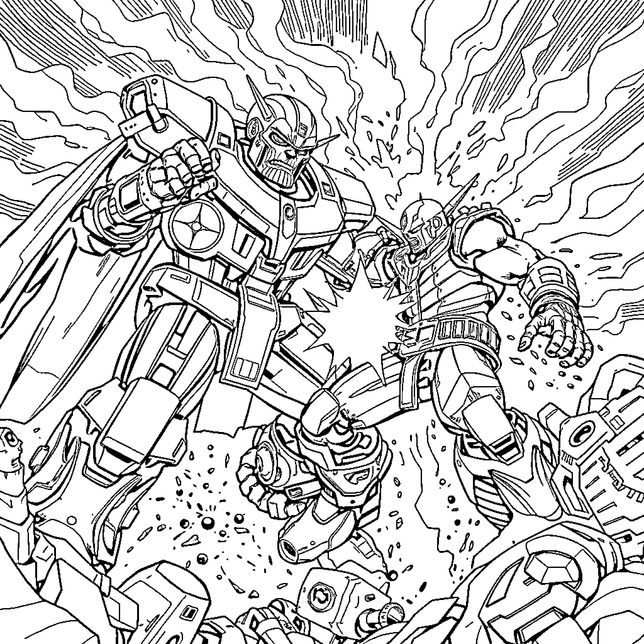 War Machine Battling Heavily Armored Foes Coloring Page (free black-and-white line drawing printable PDF for all, from beginners to advanced learners, including children, teens, adults, and seniors)