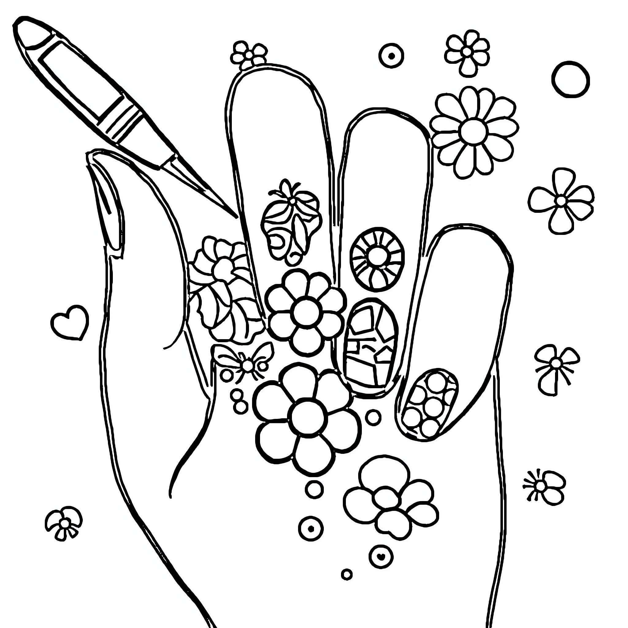 Fingernail decorated with floral elements Coloring Page (free black-and-white line drawing printable PDF for all, from beginners to advanced learners, including children, teens, adults, and seniors)