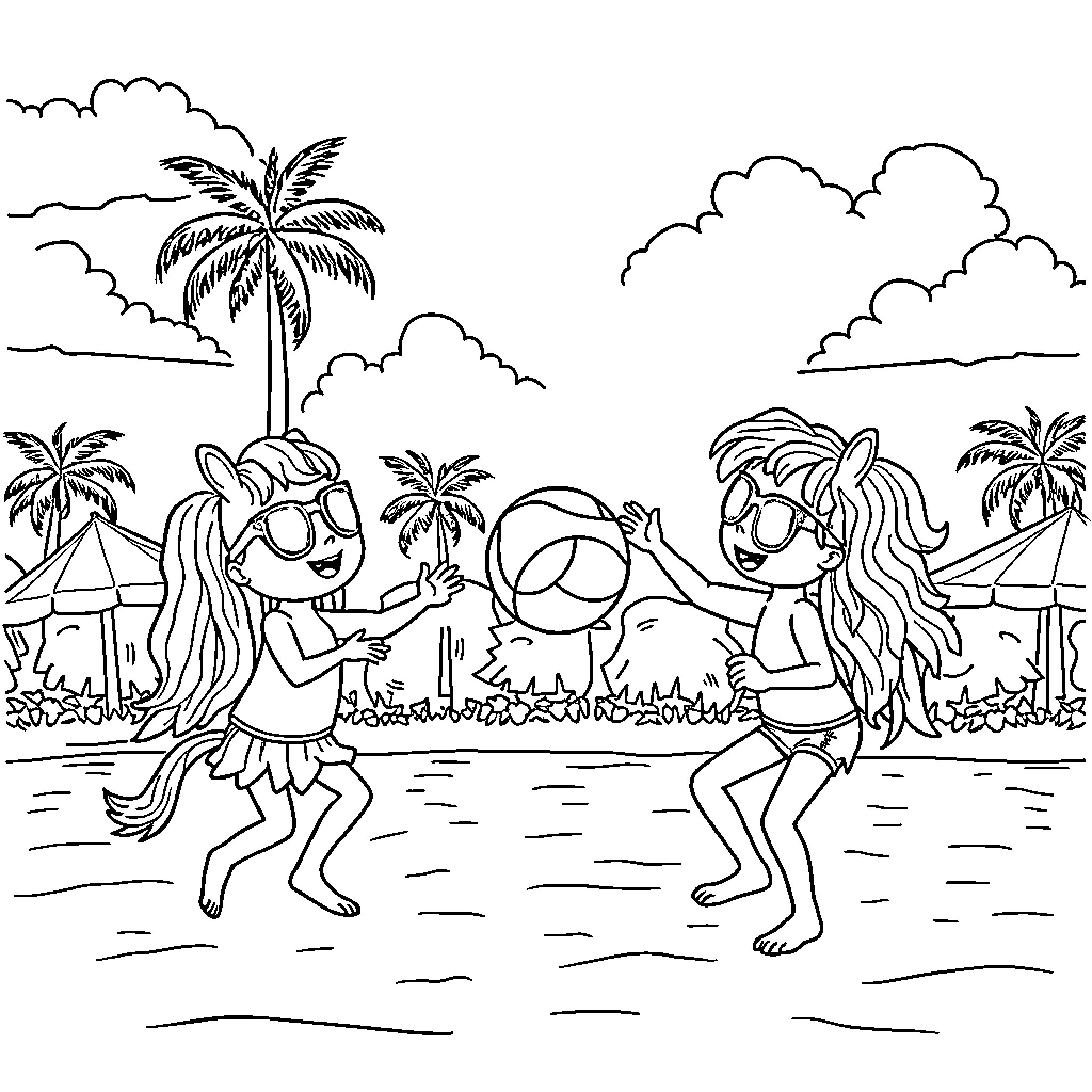 Cerdita friends enjoying a tropical beach party Coloring Page (free black-and-white line drawing printable PDF for all, from beginners to advanced learners, including children, teens, adults, and seniors)