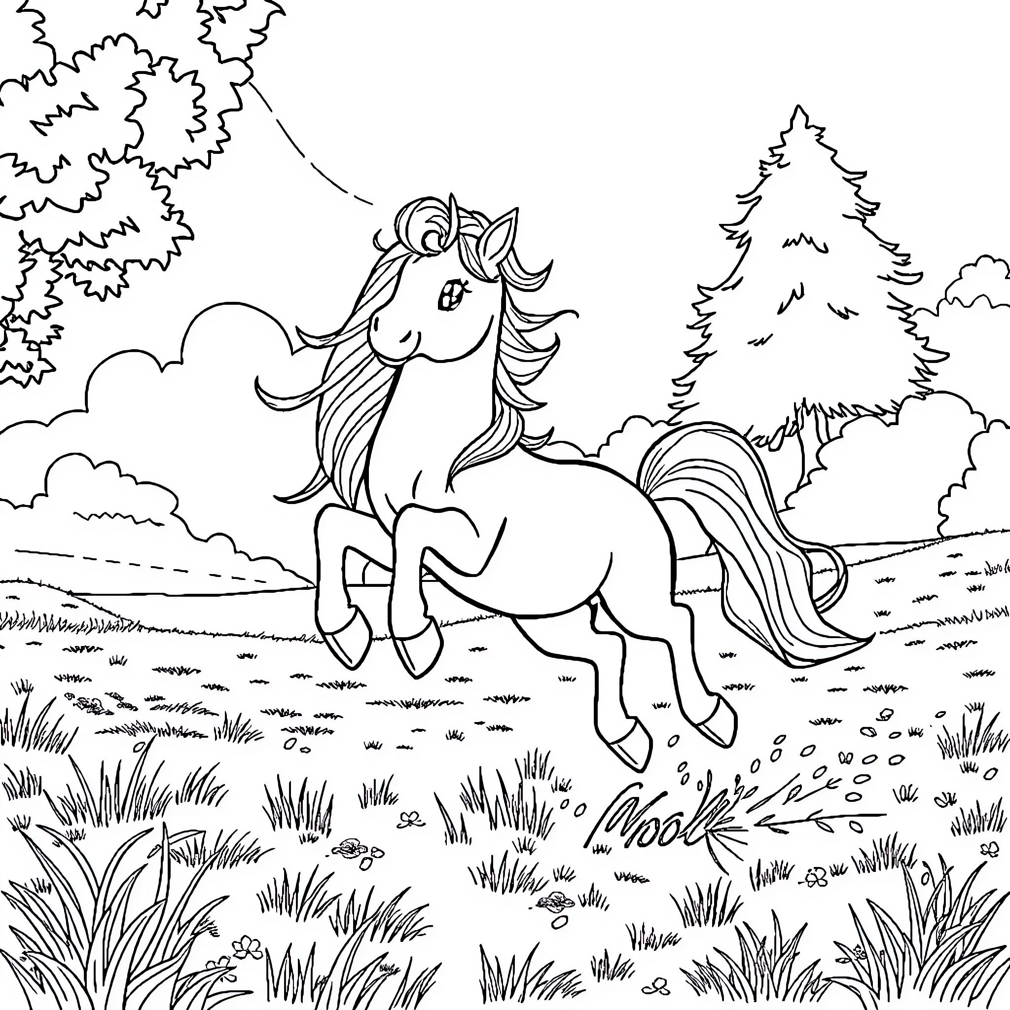 Pony prancing through the meadow Coloring Page (free black-and-white line drawing printable PDF for all, from beginners to advanced learners, including children, teens, adults, and seniors)