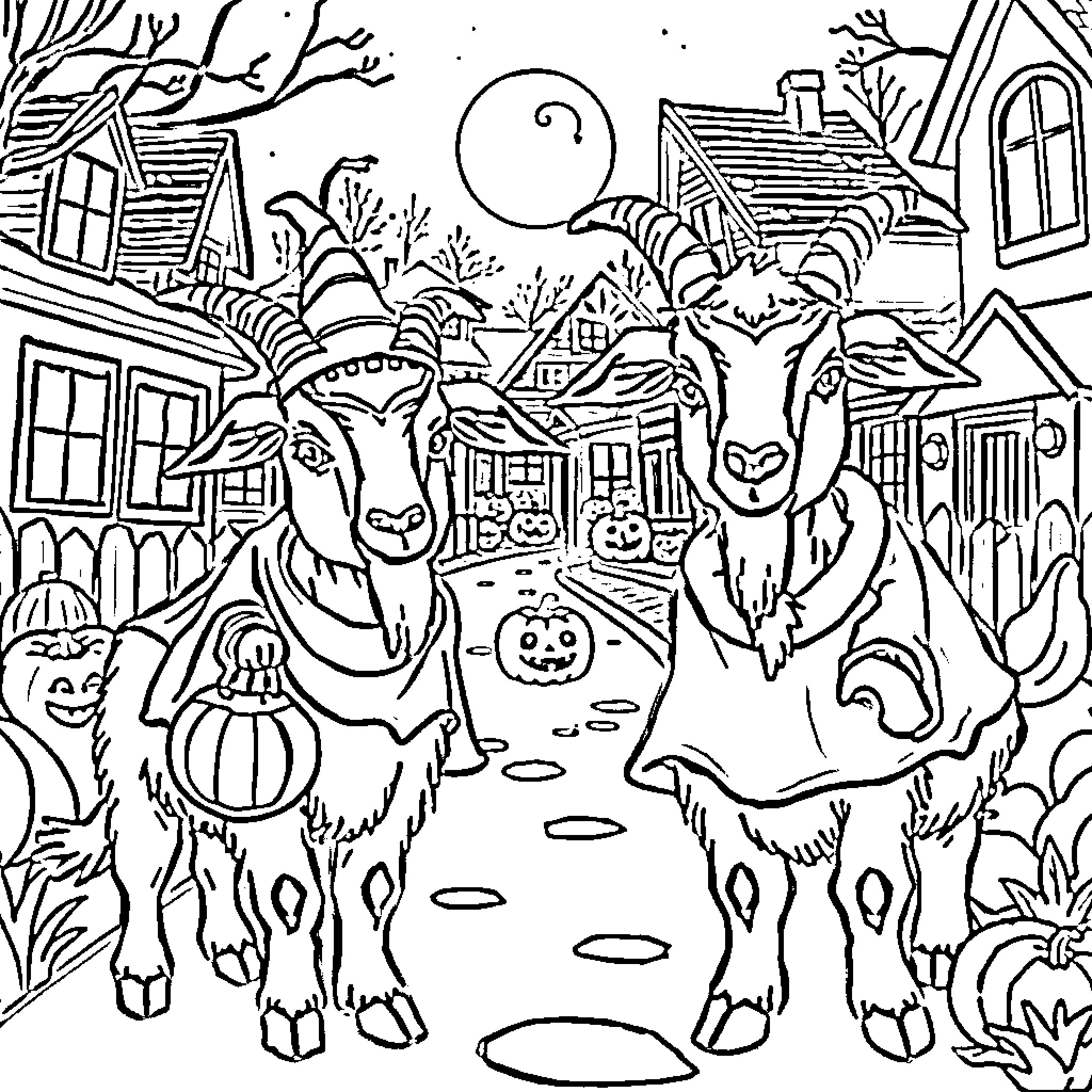 Boer Goats Enjoying a Festive Halloween Scene Coloring Page (free black-and-white line drawing printable PDF for all, from beginners to advanced learners, including children, teens, adults, and seniors)