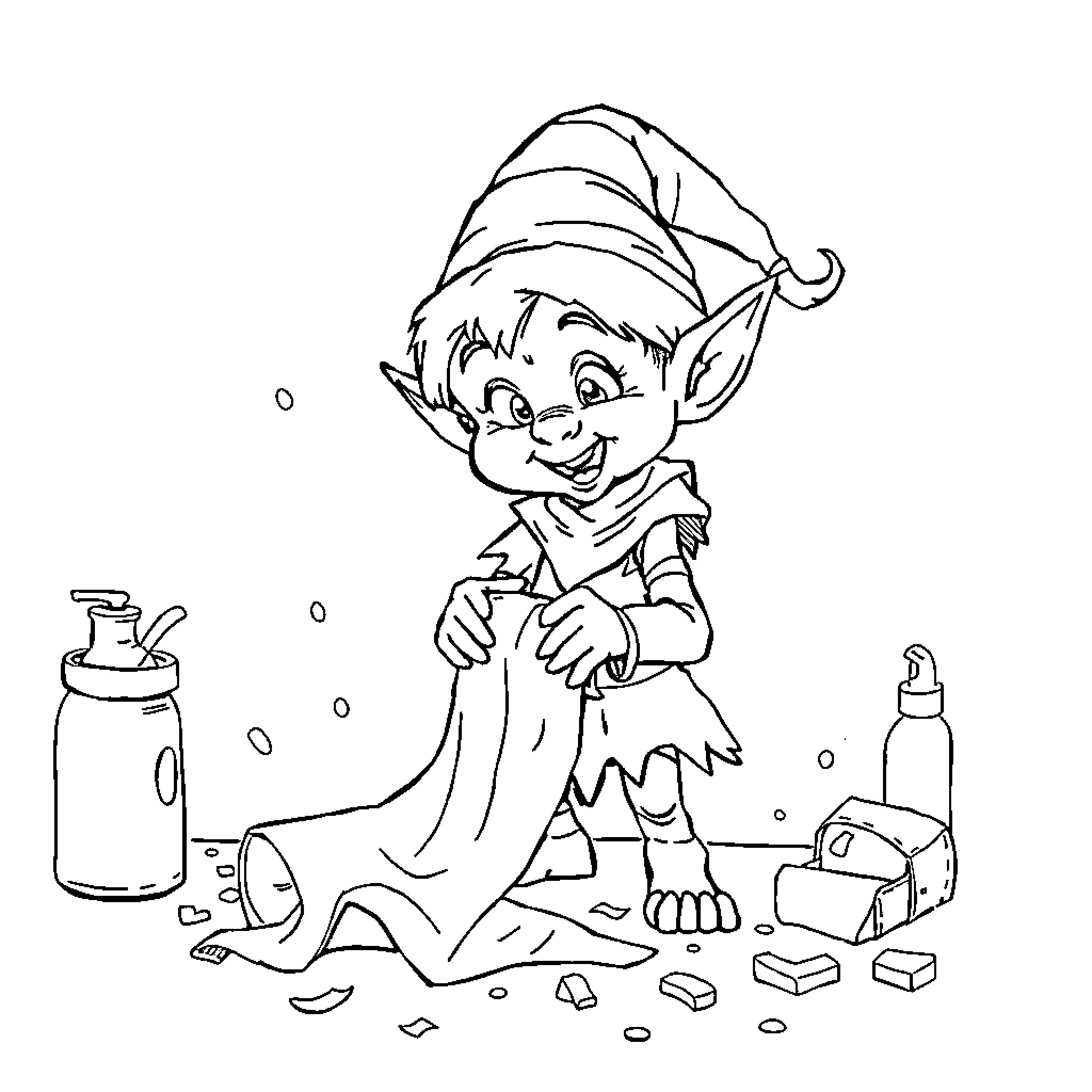 Elf Making a Mess with Art Supplies Coloring Page (free black-and-white line drawing printable PDF for all, from beginners to advanced learners, including children, teens, adults, and seniors)