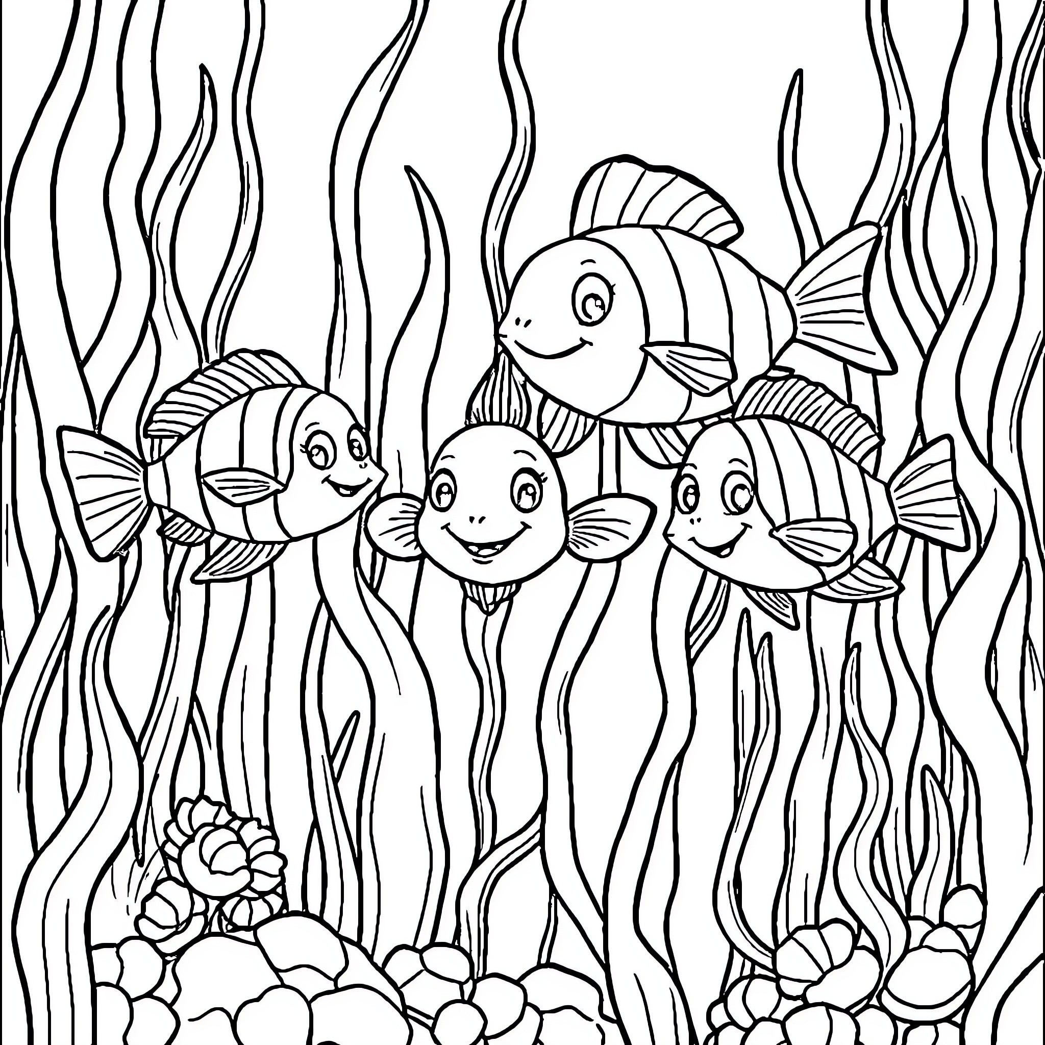 Sea Animals swimming happily in underwater scene Coloring Page (free black-and-white line drawing printable PDF for all, from beginners to advanced learners, including children, teens, adults, and seniors)