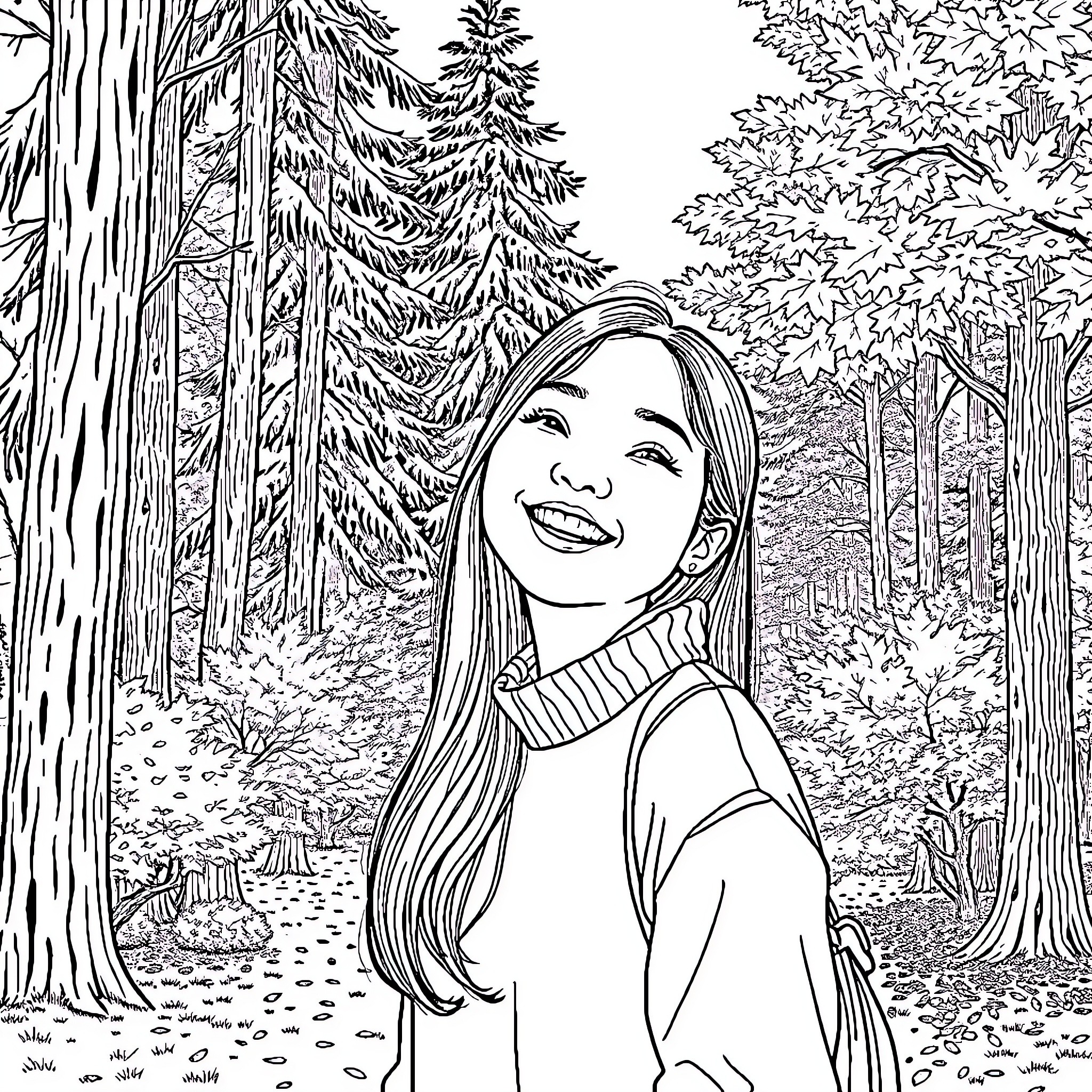 Girl smiling in the forest Coloring Page (free black-and-white line drawing printable PDF for all, from beginners to advanced learners, including children, teens, adults, and seniors)