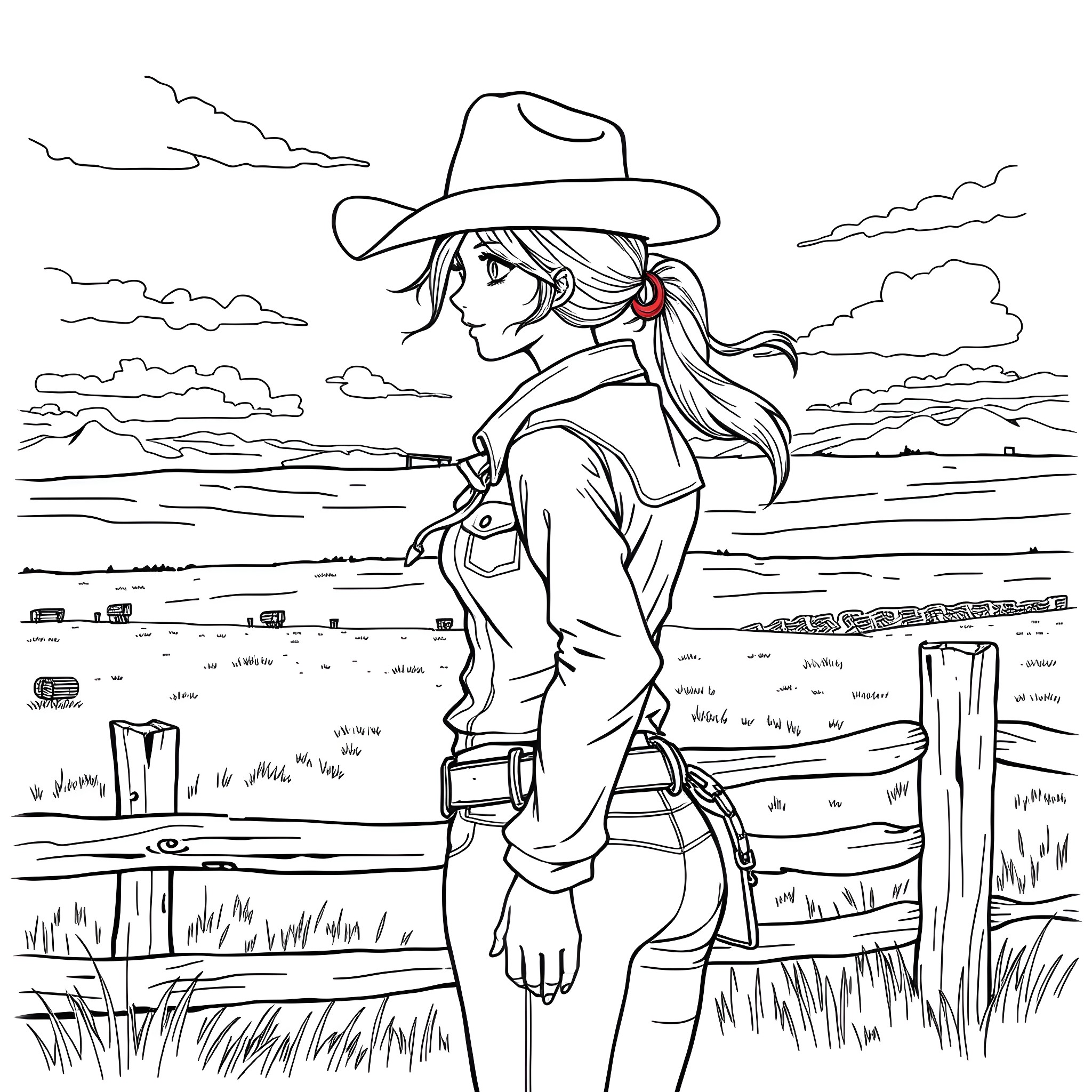 Cowgirl overlooking the western landscape Coloring Page (free black-and-white line drawing printable PDF for all, from beginners to advanced learners, including children, teens, adults, and seniors)