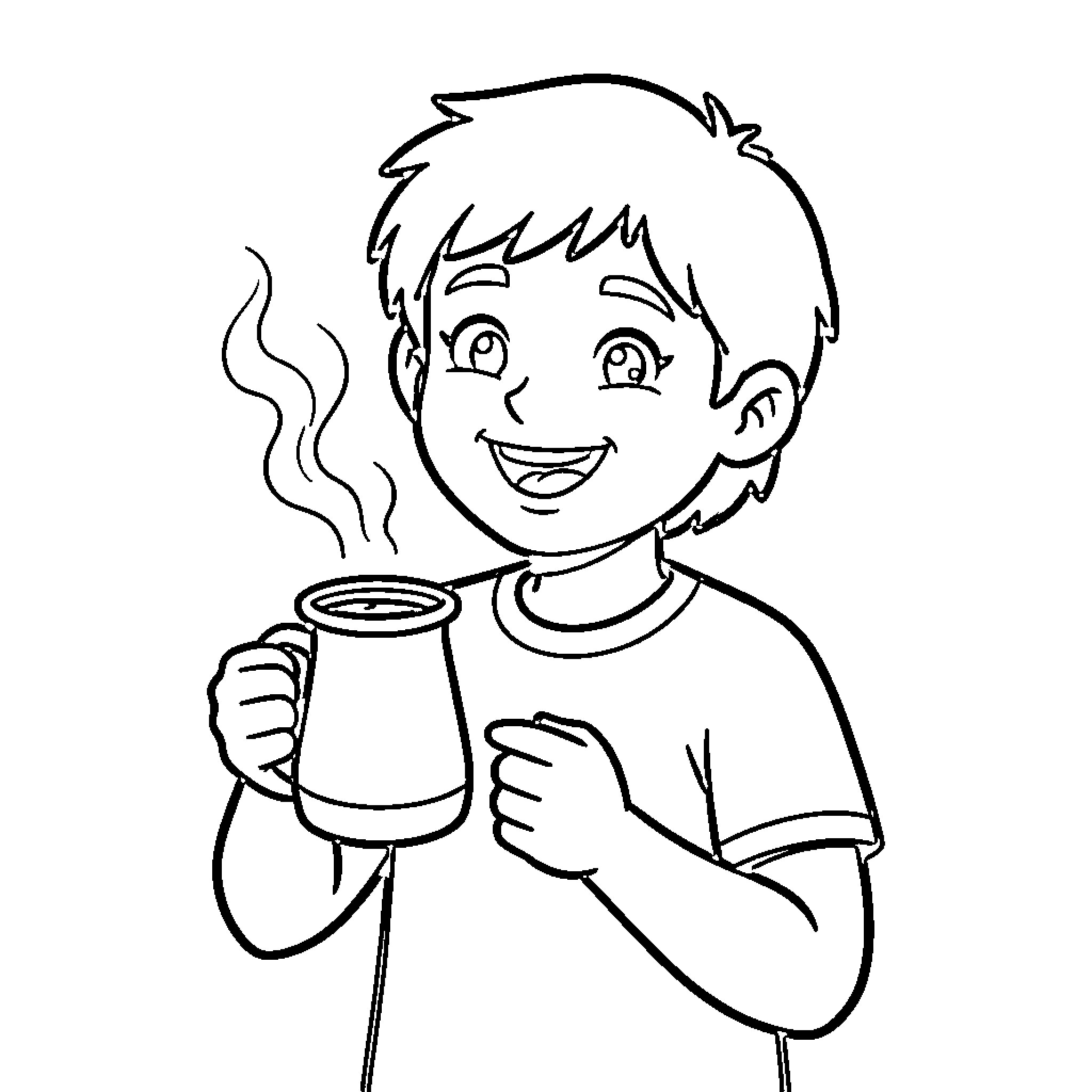 Capricho of a happy boy holding a steaming mug Coloring Page (free black-and-white line drawing printable PDF for all, from beginners to advanced learners, including children, teens, adults, and seniors)