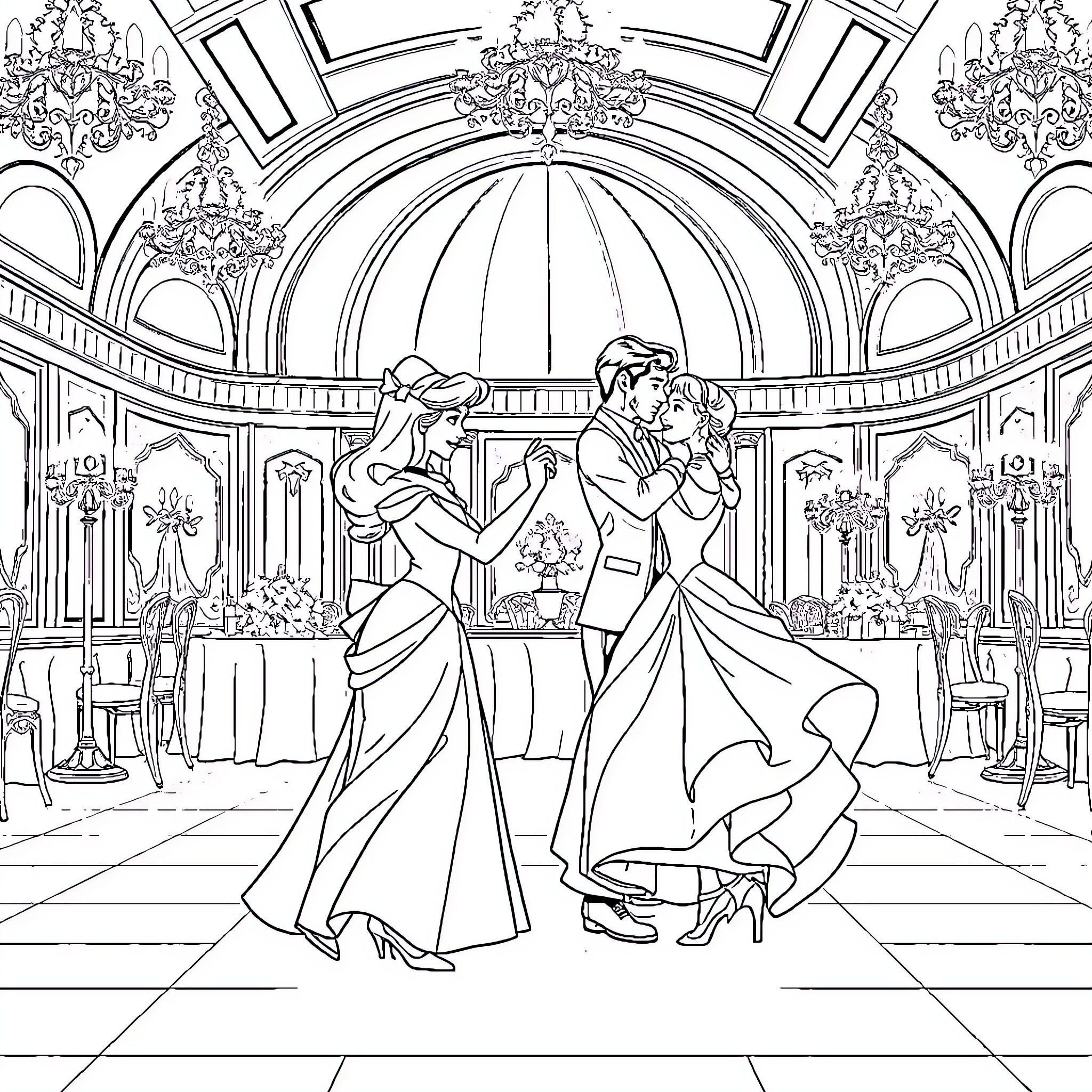 Princess's Elegant Ballroom Dance Coloring Page (free black-and-white line drawing printable PDF for all, from beginners to advanced learners, including children, teens, adults, and seniors)