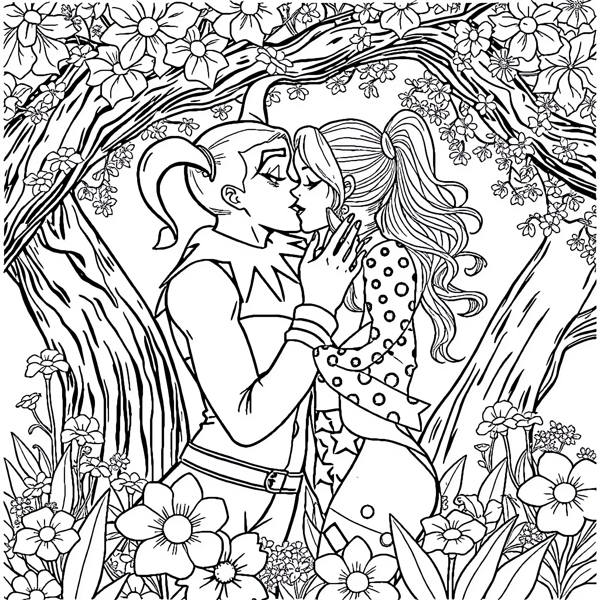 Harley Quinn's enchanting floral embrace Coloring Page (free black-and-white line drawing printable PDF for all, from beginners to advanced learners, including children, teens, adults, and seniors)
