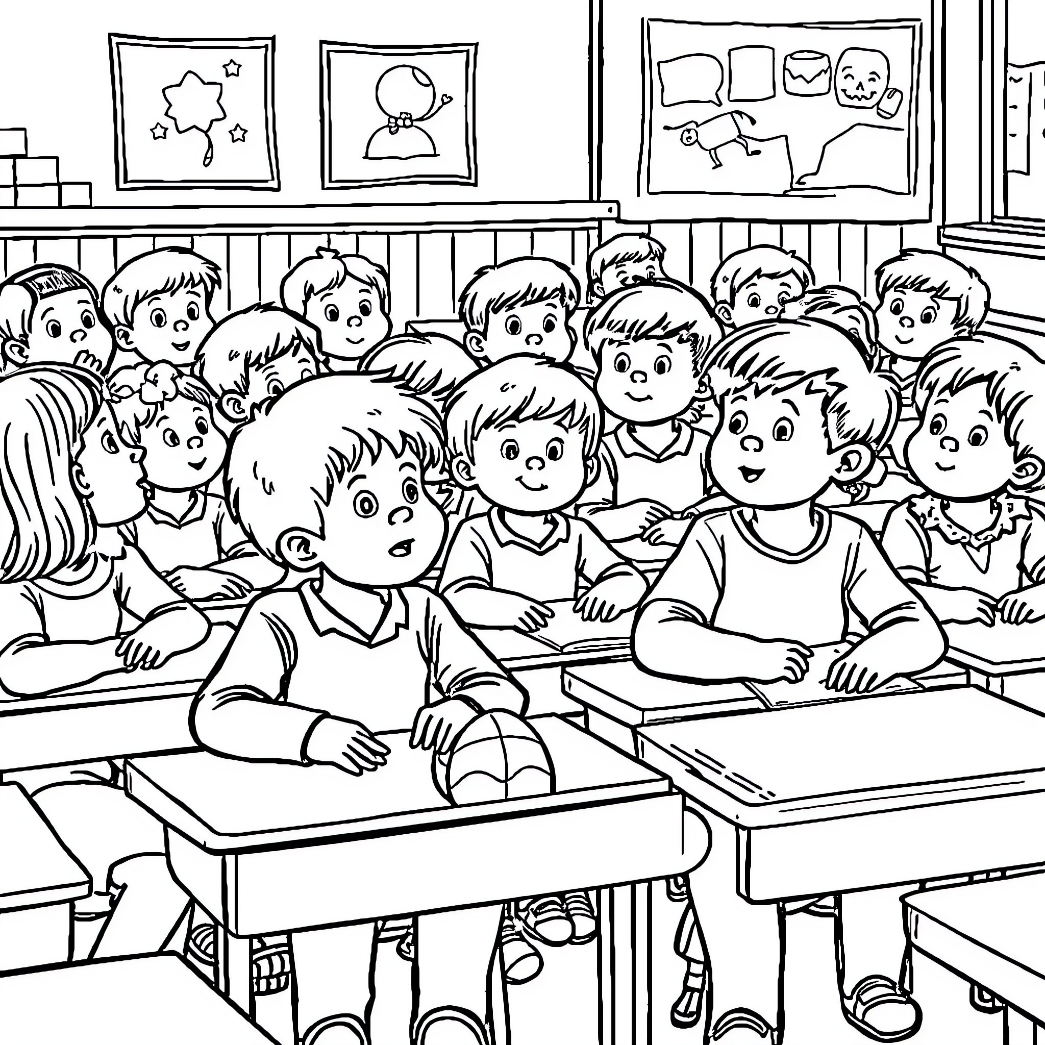 Students engaged in classroom activities Coloring Page (free black-and-white line drawing printable PDF for all, from beginners to advanced learners, including children, teens, adults, and seniors)