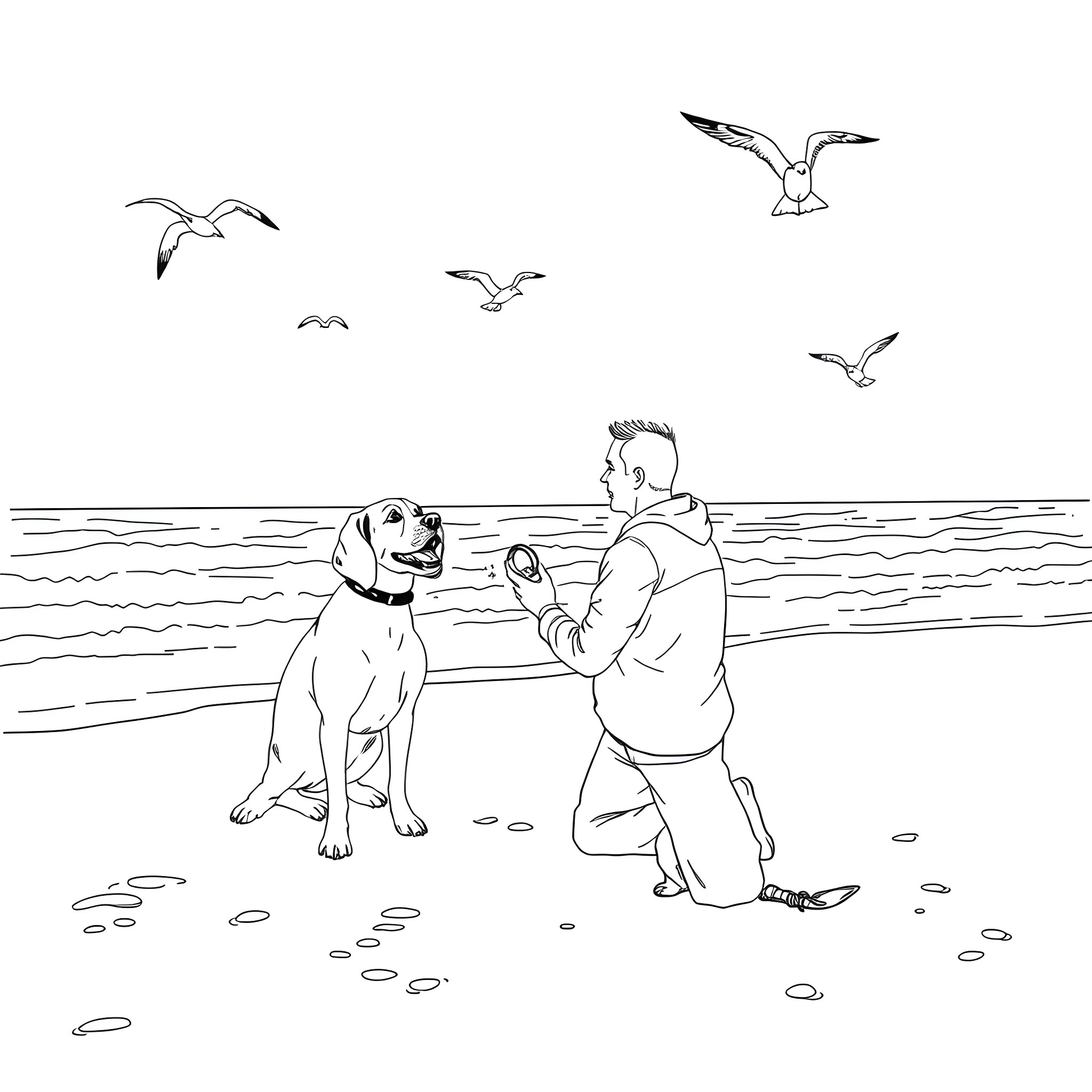 Man playing with dog on the beach Coloring Page (free black-and-white line drawing printable PDF for all, from beginners to advanced learners, including children, teens, adults, and seniors)