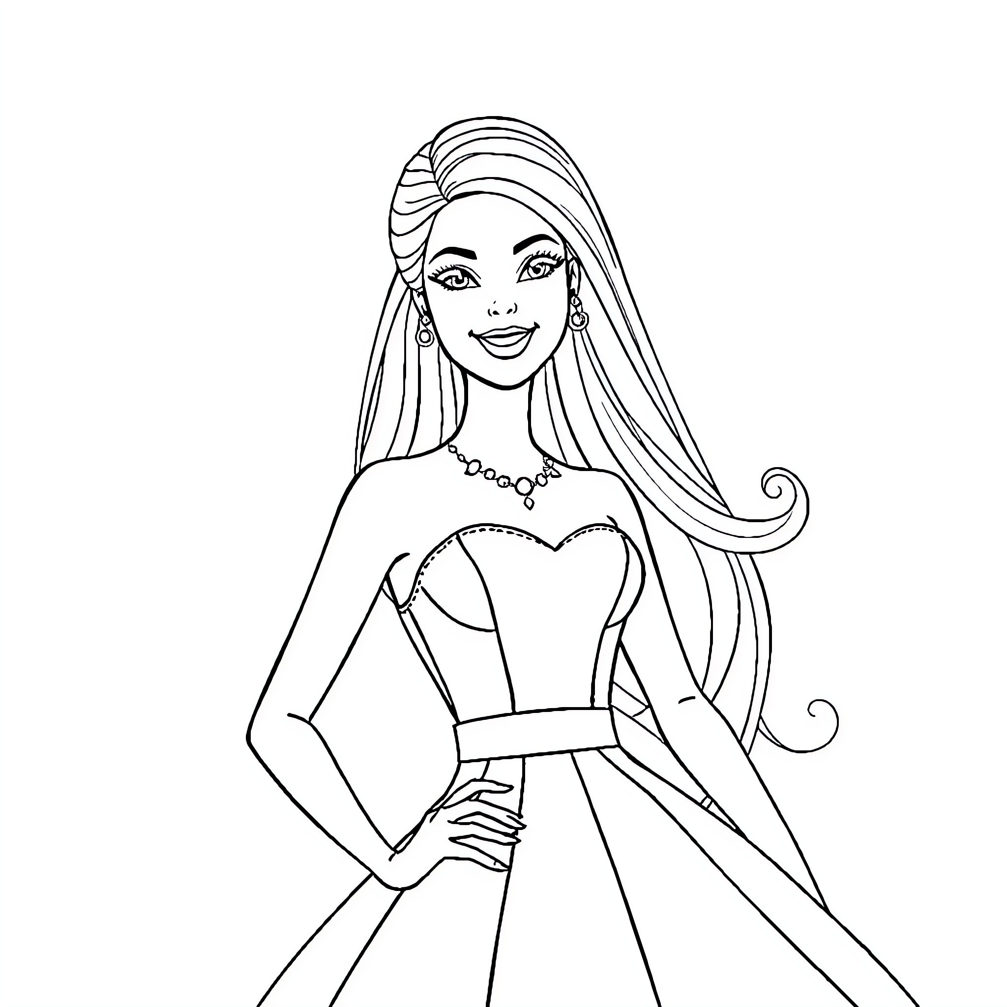 Barbie in a Lovely Dress Coloring Page (free black-and-white line drawing printable PDF for all, from beginners to advanced learners, including children, teens, adults, and seniors)
